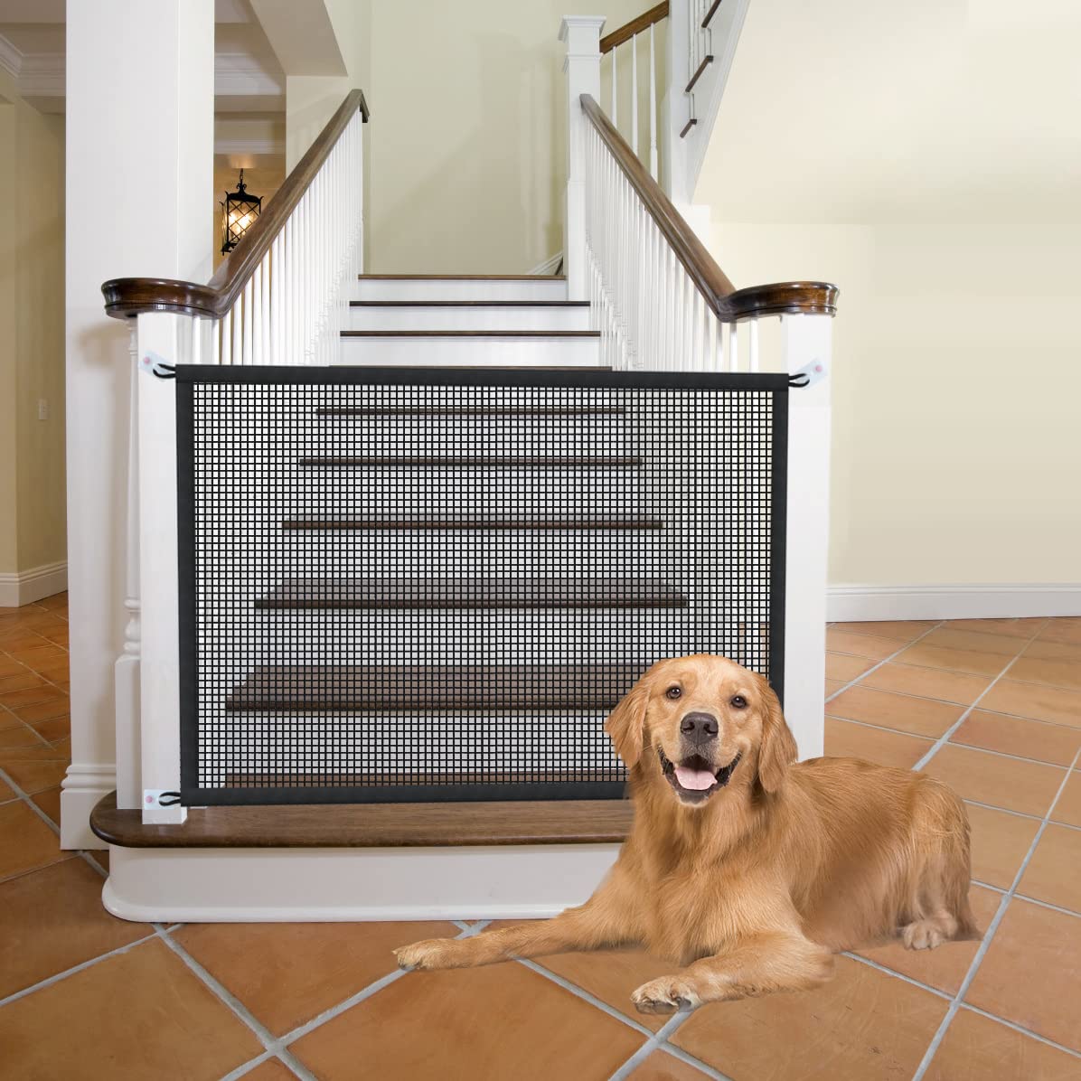 Cupount dog gate on stairs with mesh guard for safe pet access.