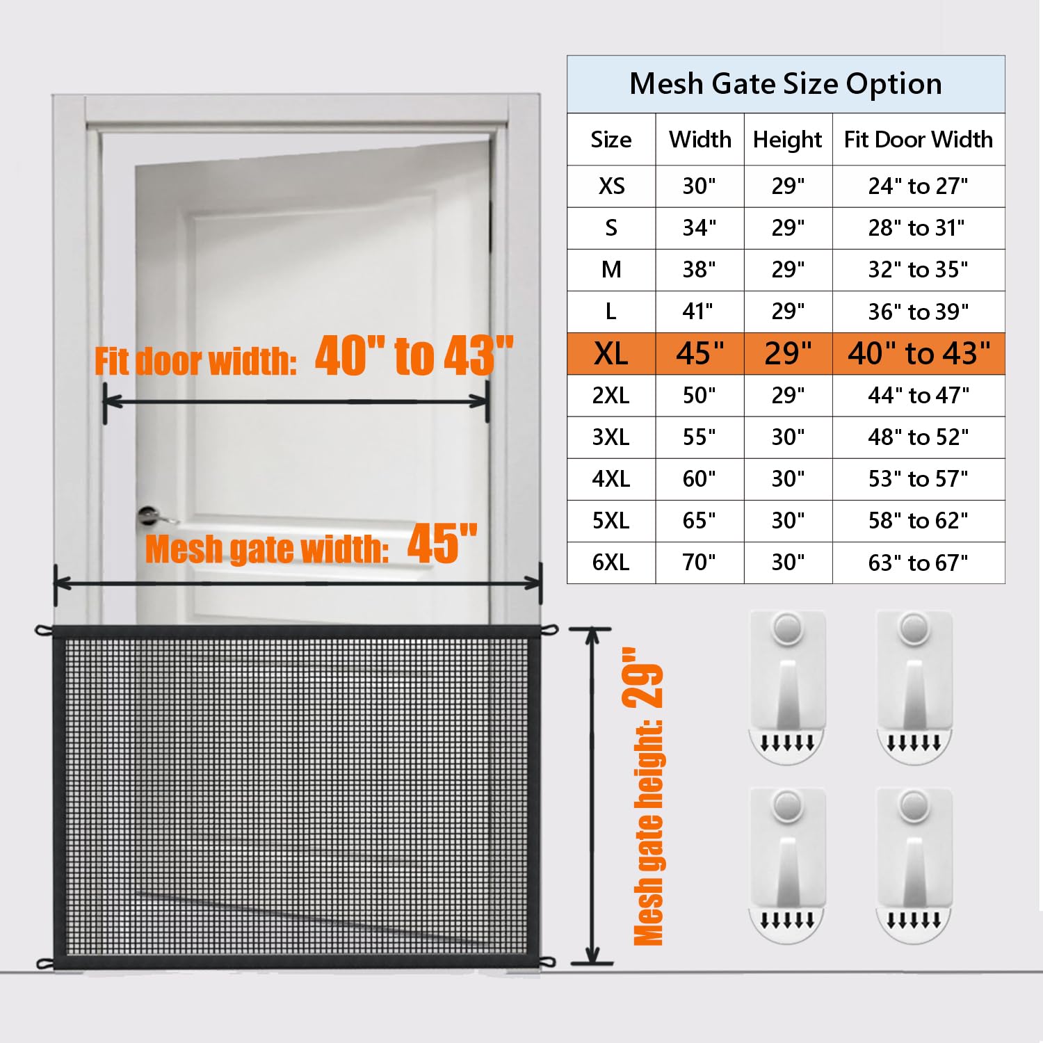 Cupount dog gate shows 45-inch wide mesh fits openings 40–43 inch.