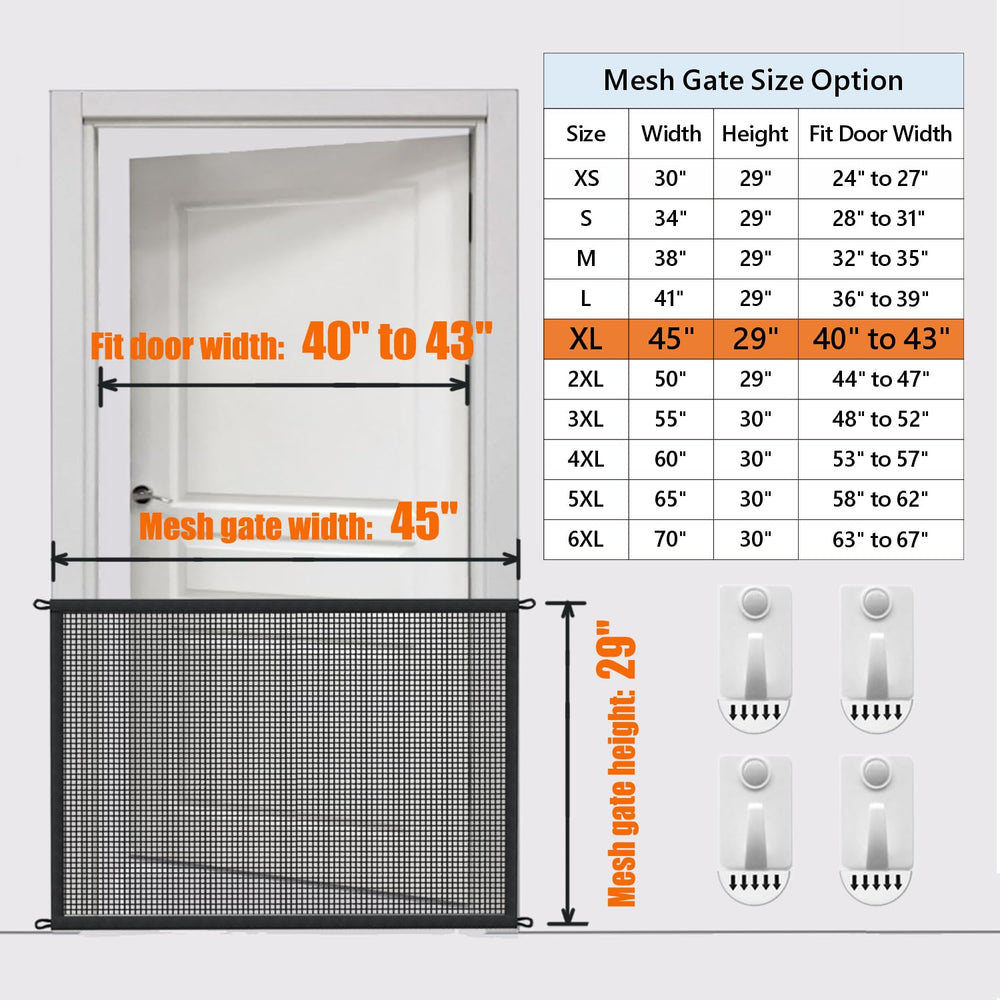 Cupount dog gate shows 45-inch wide mesh fits openings 40–43 inch.