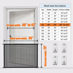 Cupount dog gate shows 45-inch wide mesh fits openings 40–43 inch.