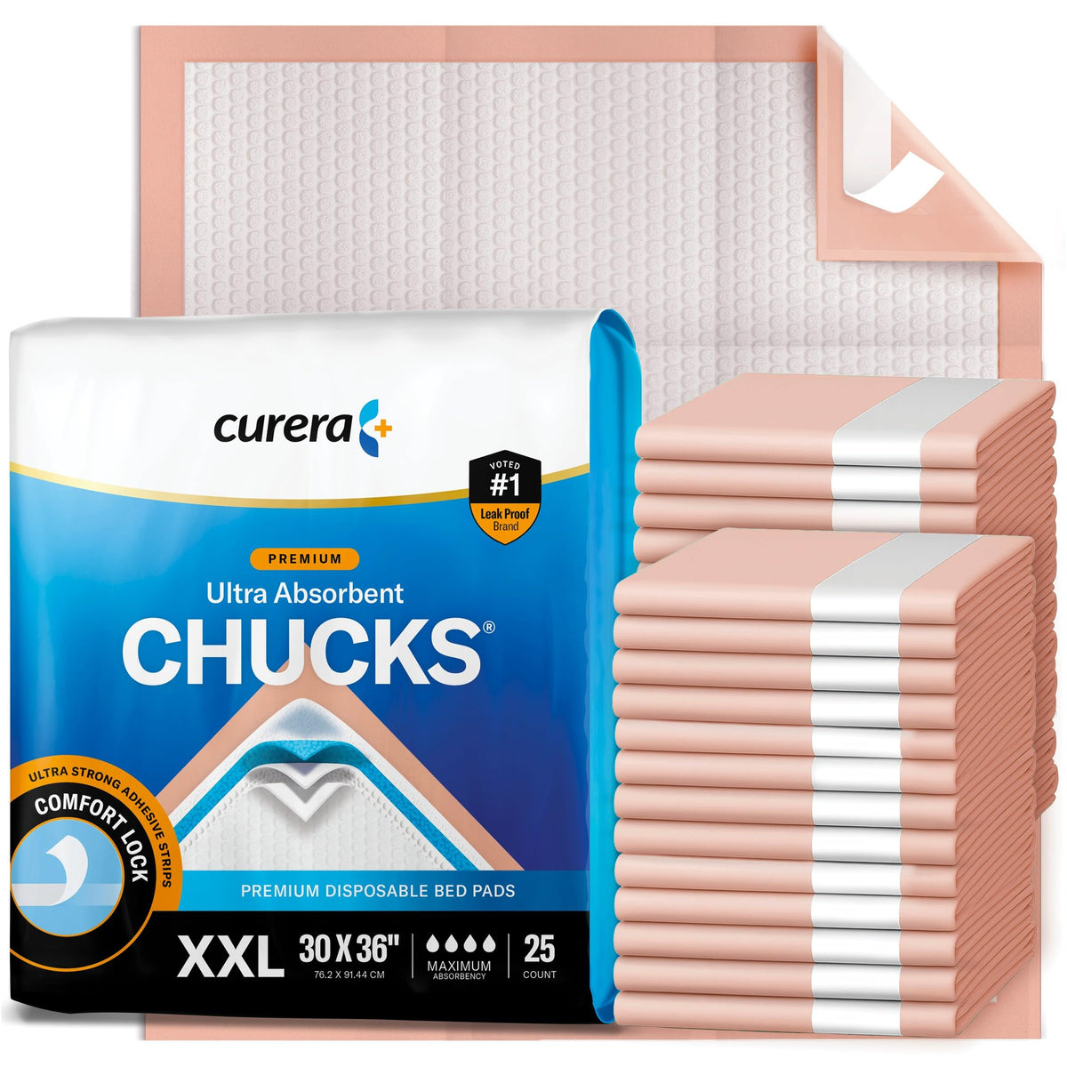 Curera Chucks 25-pack packaging offers bulk value for caregivers.
