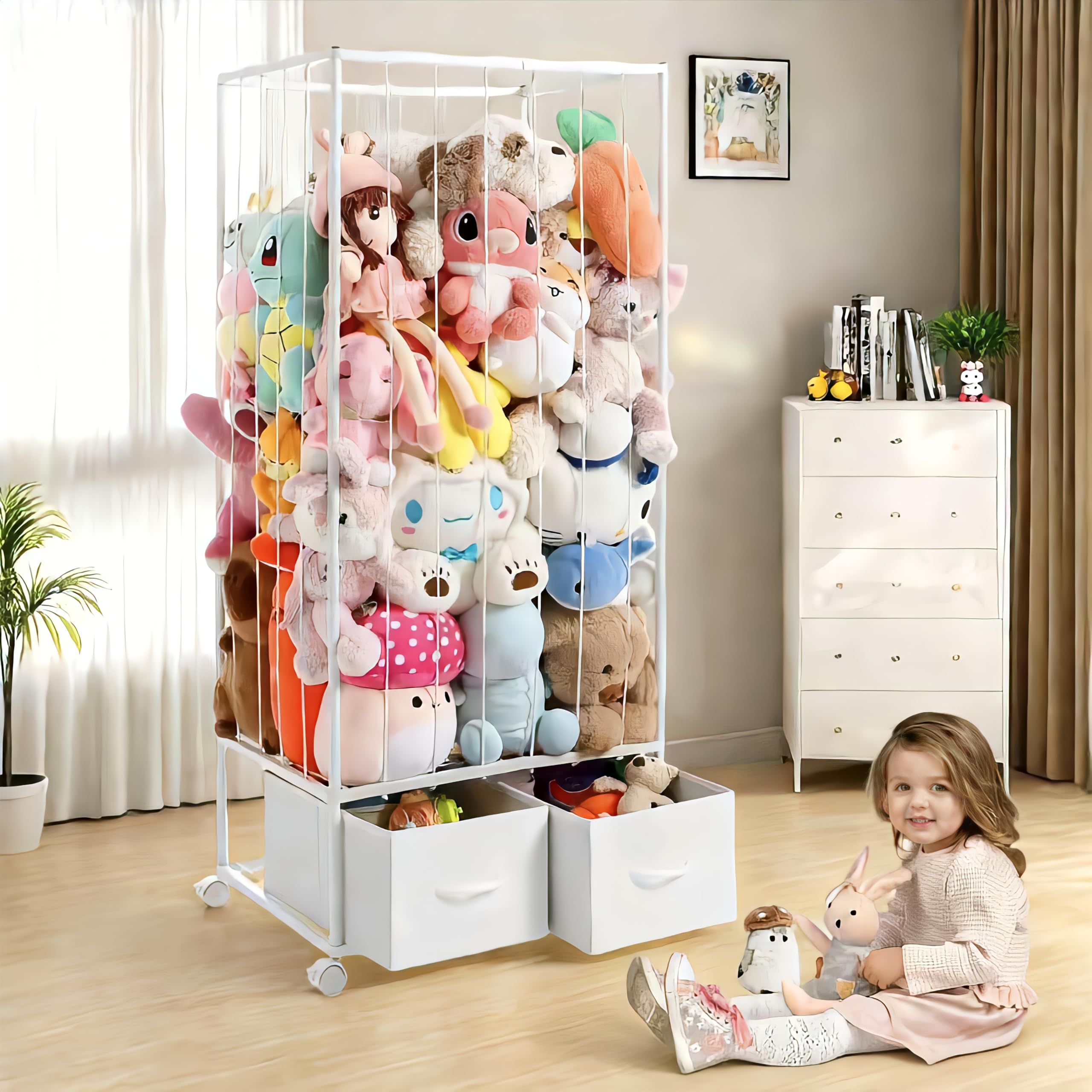 Curleis large stuffed animal storage tower front view showing plush display and organization.