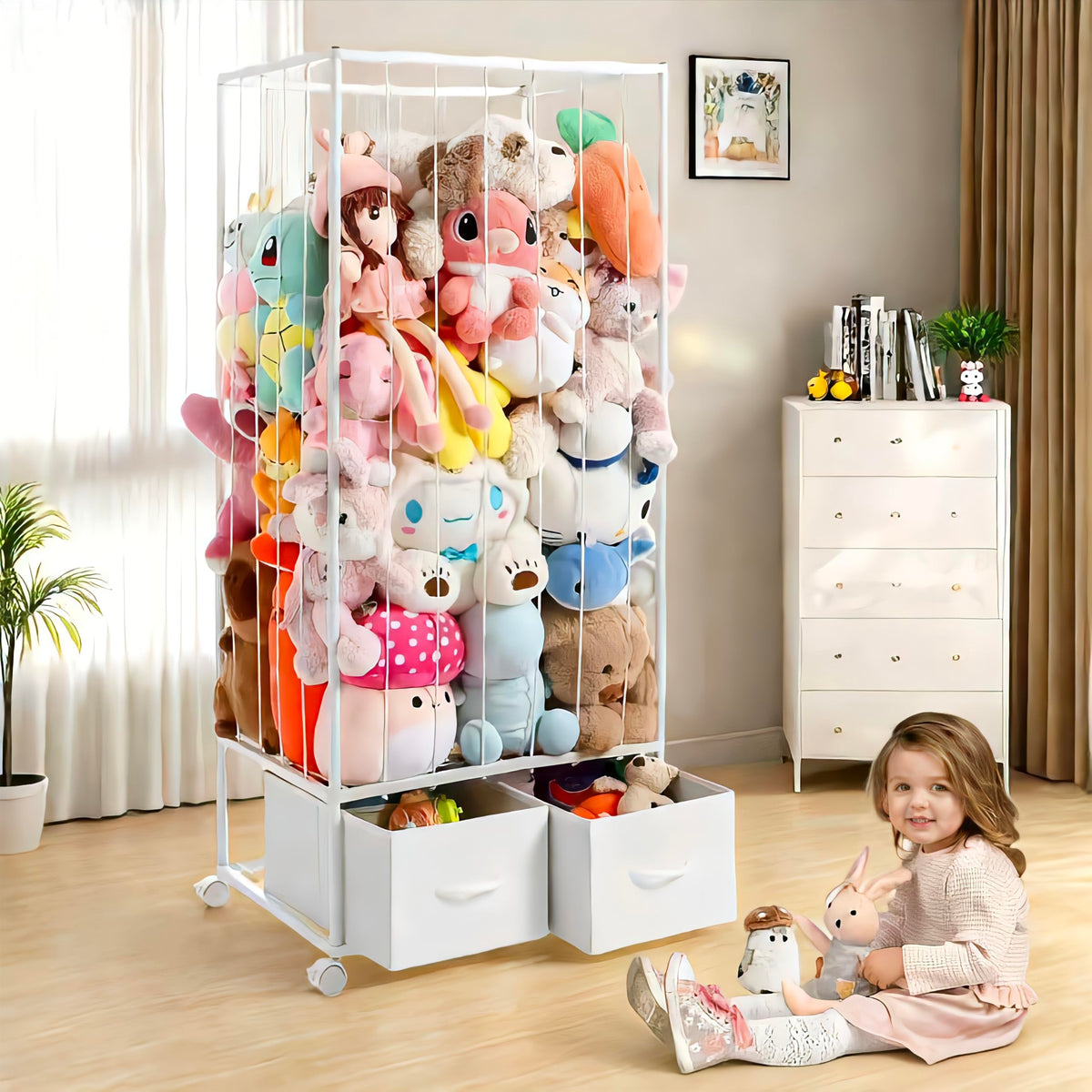 Curleis large stuffed animal storage tower front view showing plush display and organization.
