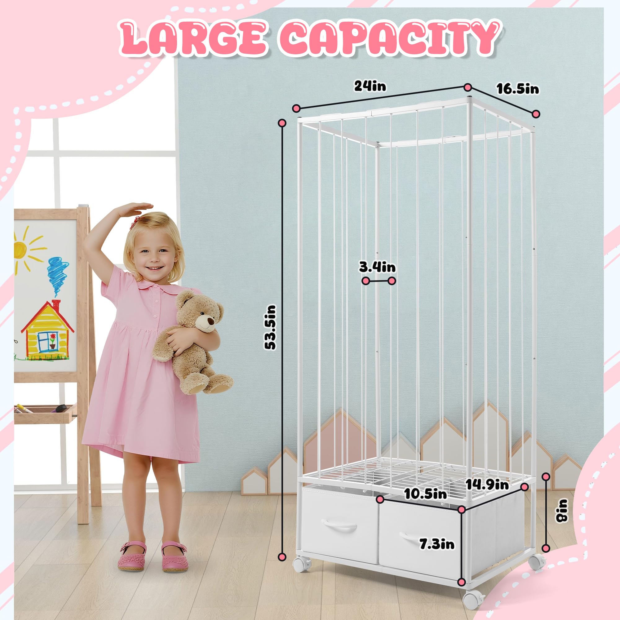 Curleis stuffed animal storage on wheels for easy room rearrangement.