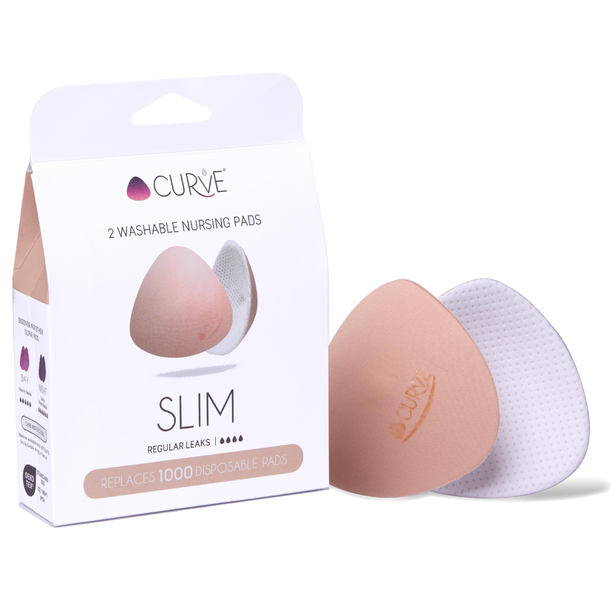 Curve by CacheCoeur Essential Slim Nursing Pads pack closeup highlighting reusable, discreet breast protection.
