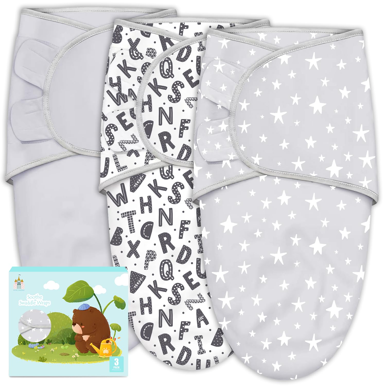 Cute Castle 3-pack baby swaddle sack with ergonomic design for newborn comfort.