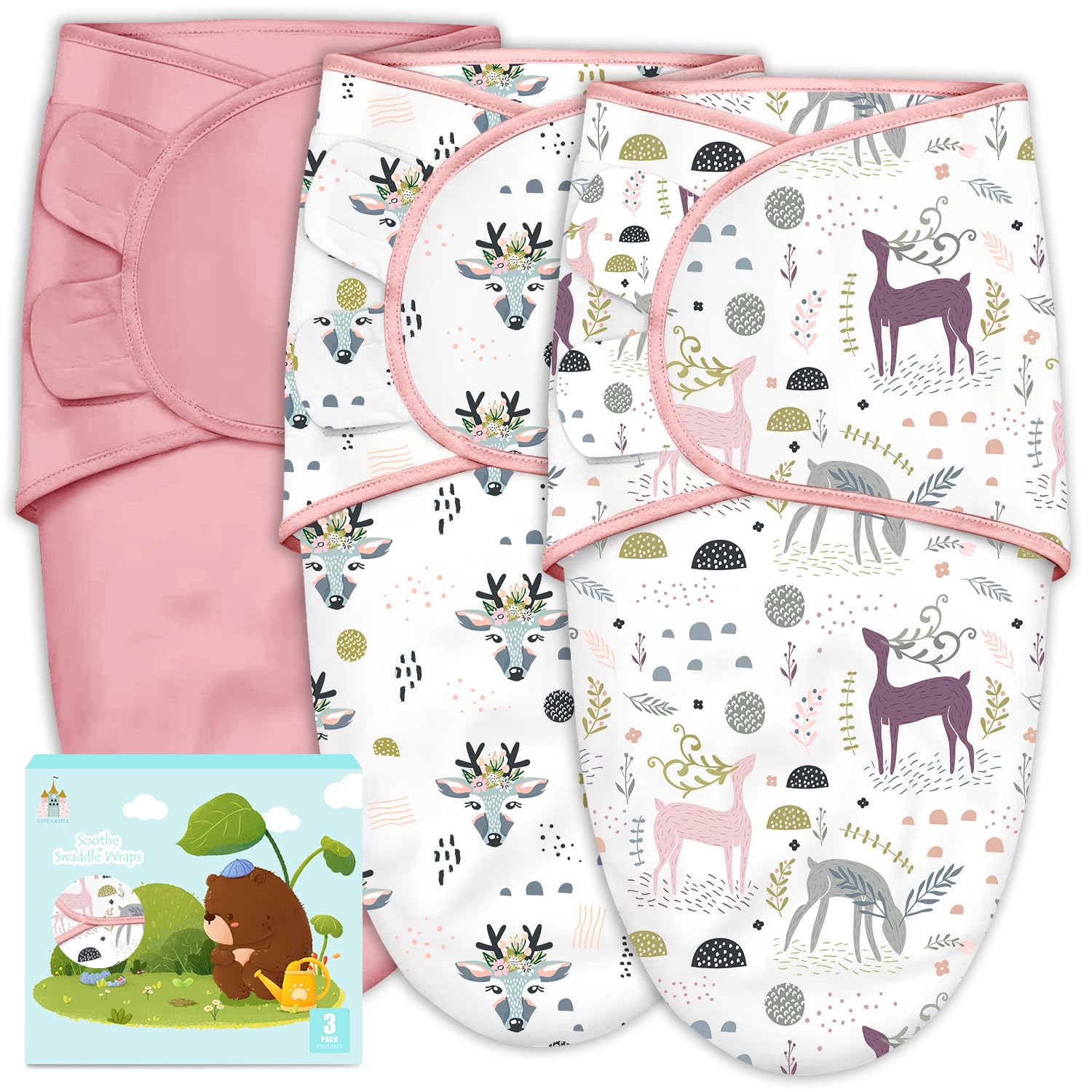 Cute Castle pink 3-pack swaddle sacks packaging view for gifting and storage