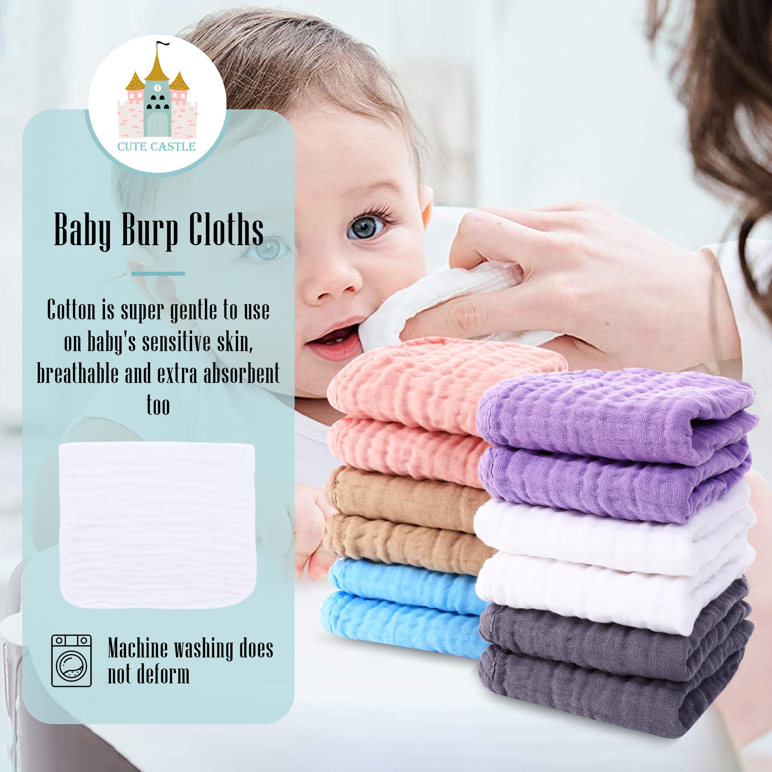 Cute Castle burp cloths offer strong absorbency for spit-ups and messes.