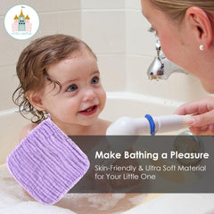 Cute Castle washcloths in use during bath, demonstrating soft touch on baby skin.