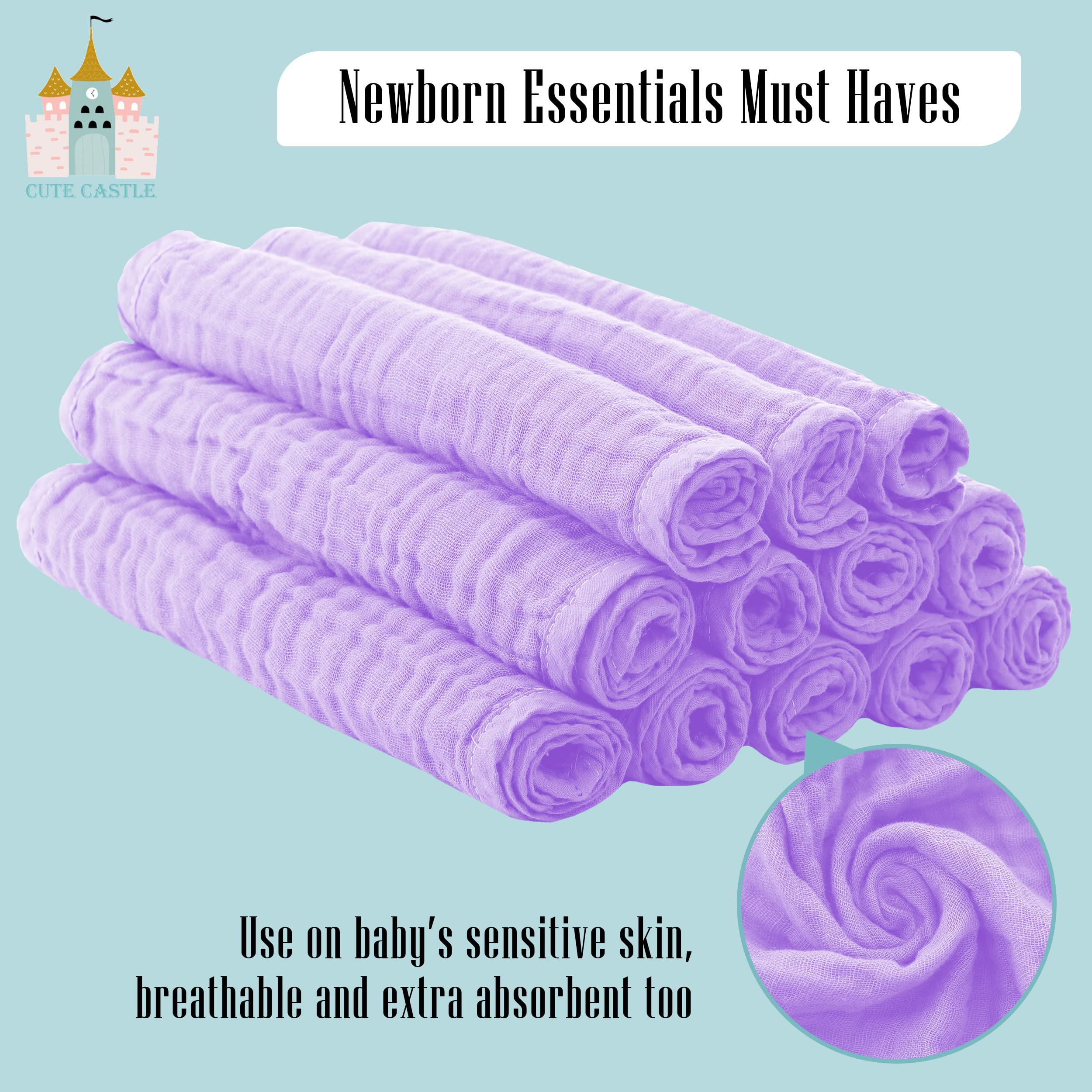 Cute Castle burp cloths measure 20 by 10 inches to protect outfits.