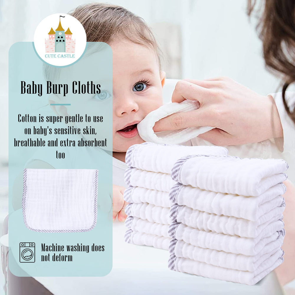 Cute Castle burp cloths packed in a diaper bag for on-the-go care.