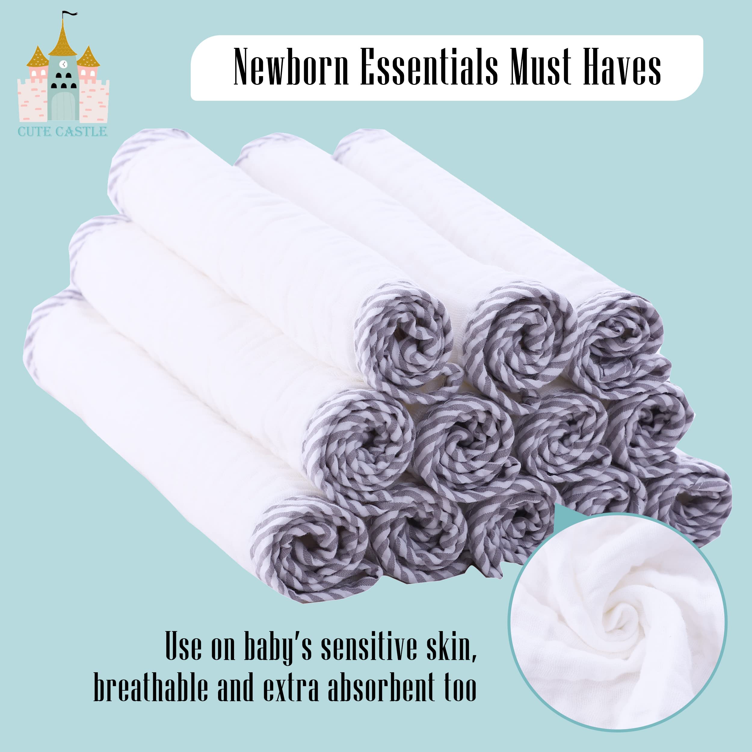 Cute Castle burp cloths offer multiuse support for feeding and cleanup.