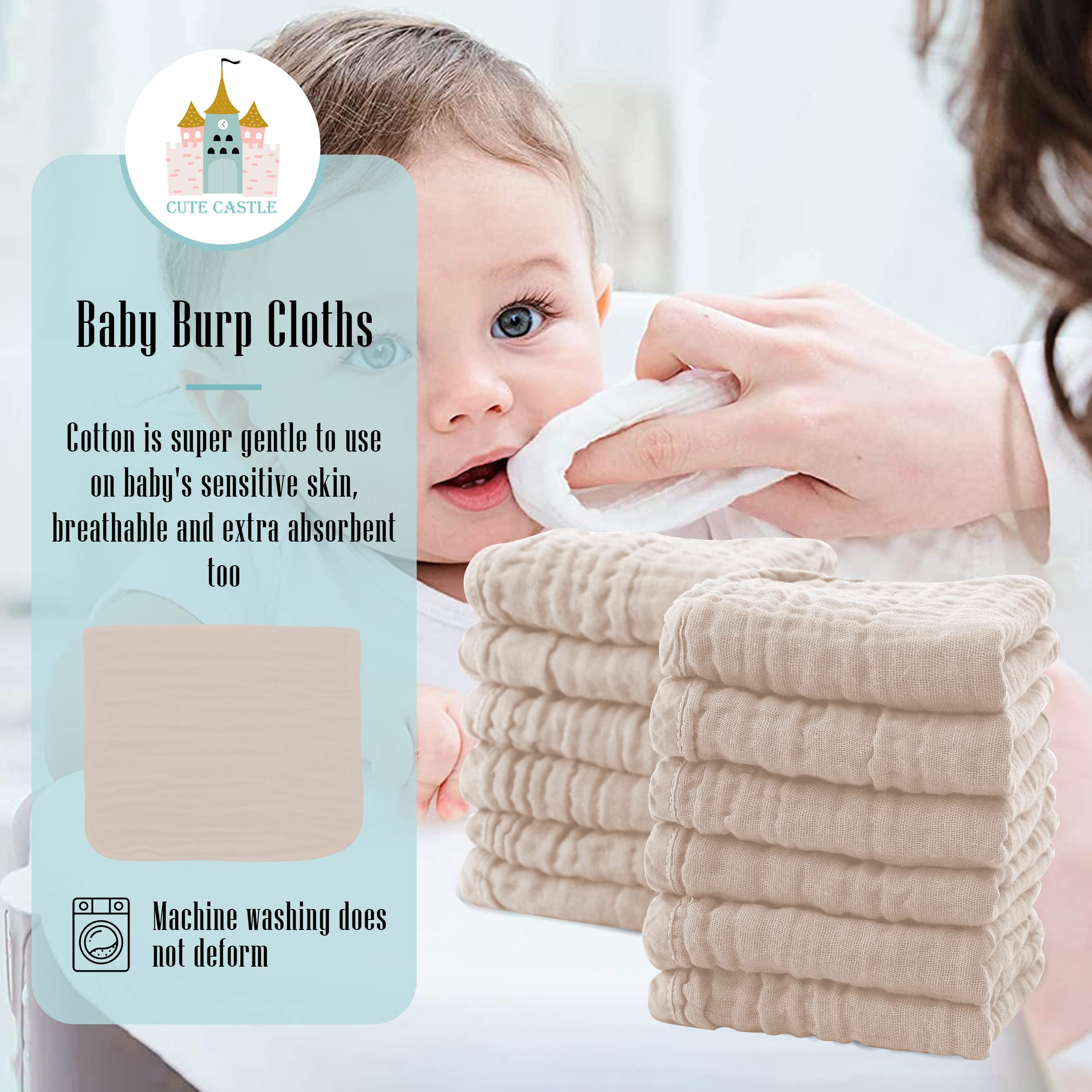 Cute Castle muslin burp cloth with absorbent multi-layer structure catching dribbles.
