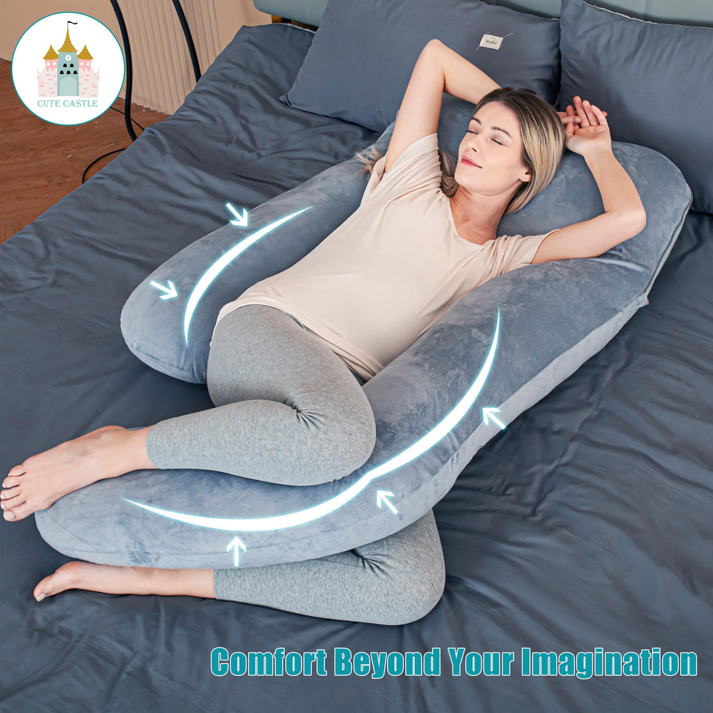 Cute Castle pregnancy pillow u-shape support provides versatile night-time alignment.