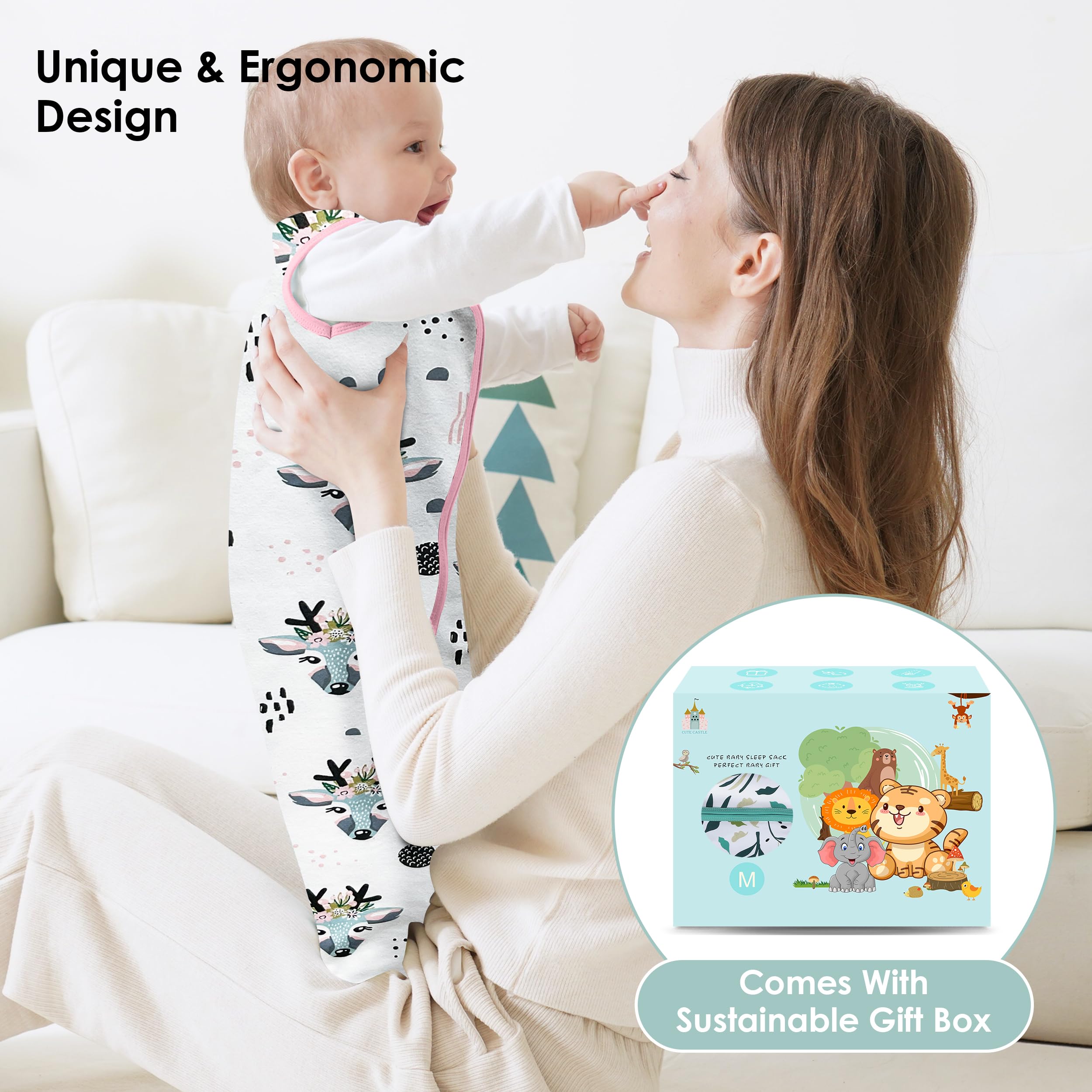 Cute Castle infant wearable blanket on baby for cozy sleep