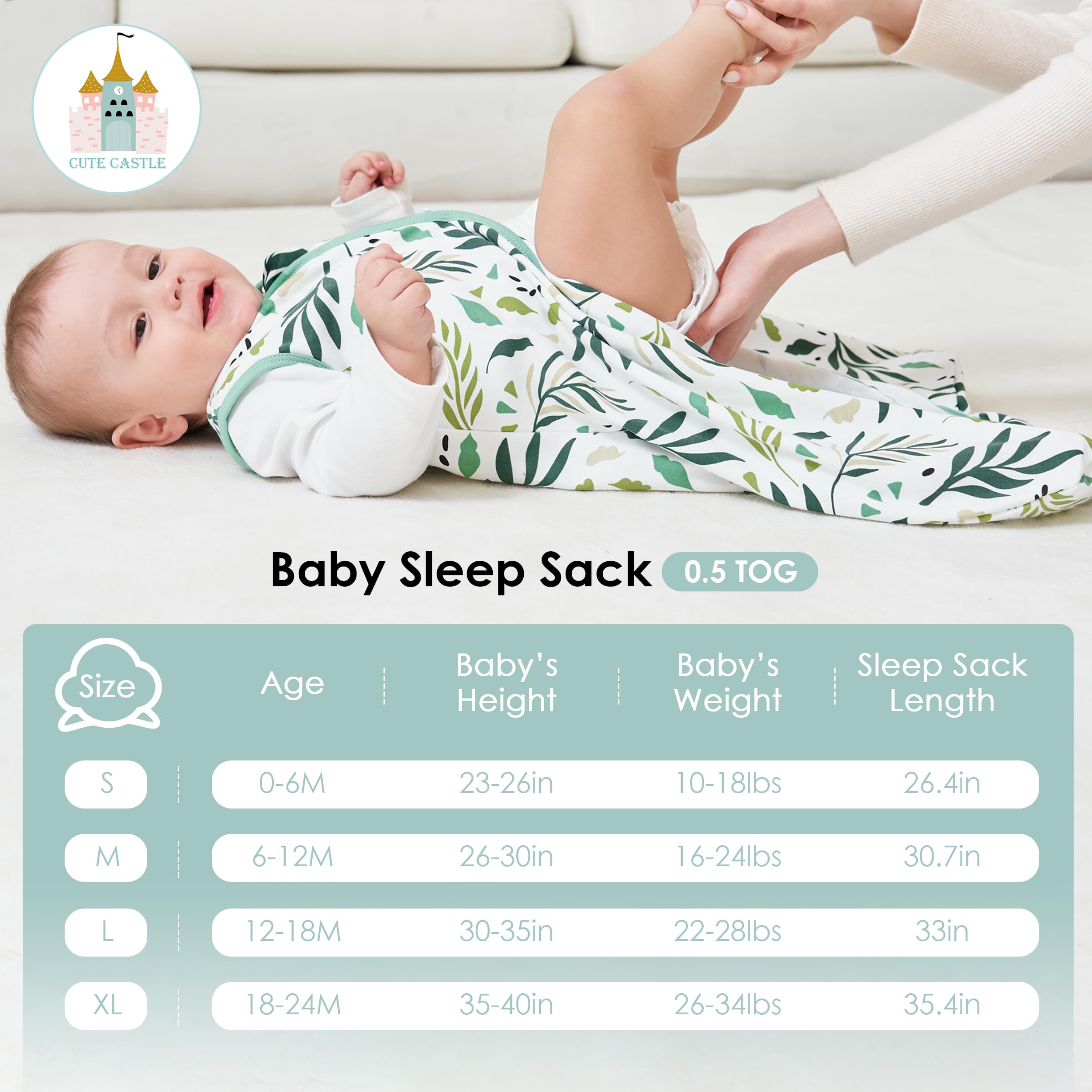 Cute Castle sleep sack green, three-pack displayed in nursery setting.