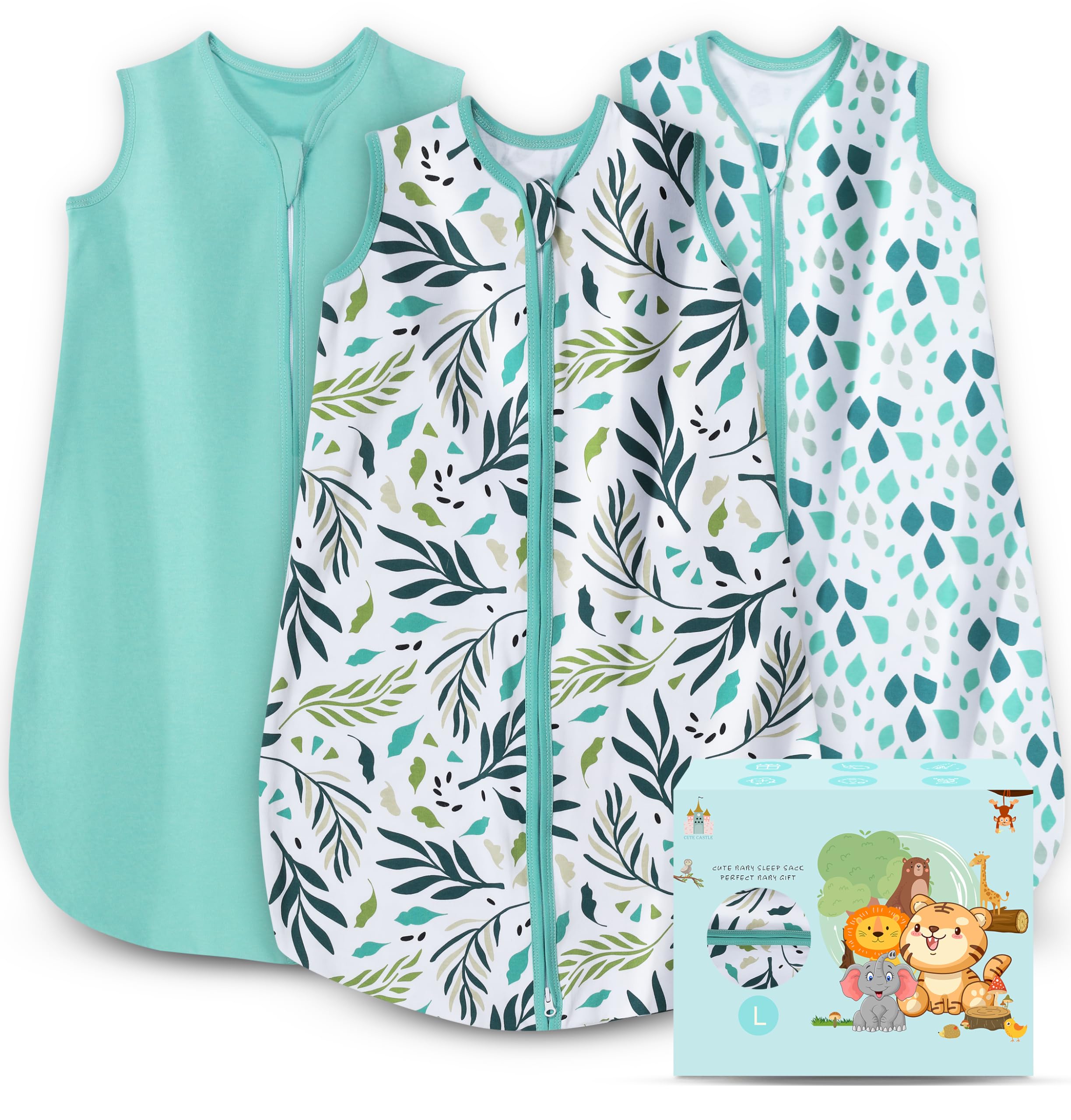 Cute Castle sleep sack green, front view with 2-way zipper for easy diaper changes.