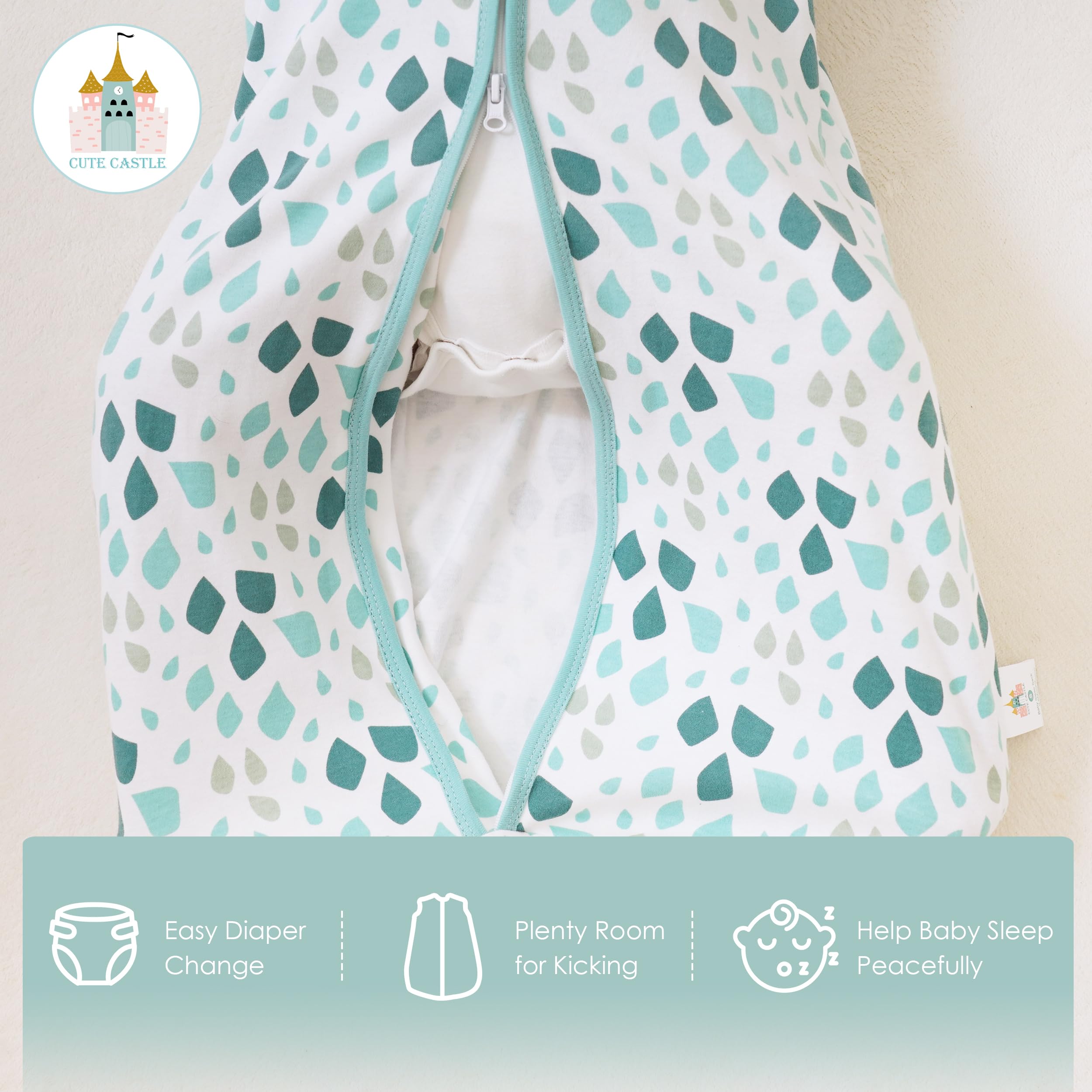 Cute Castle sleep sack green, sizes from S to XL for 0-24 months.
