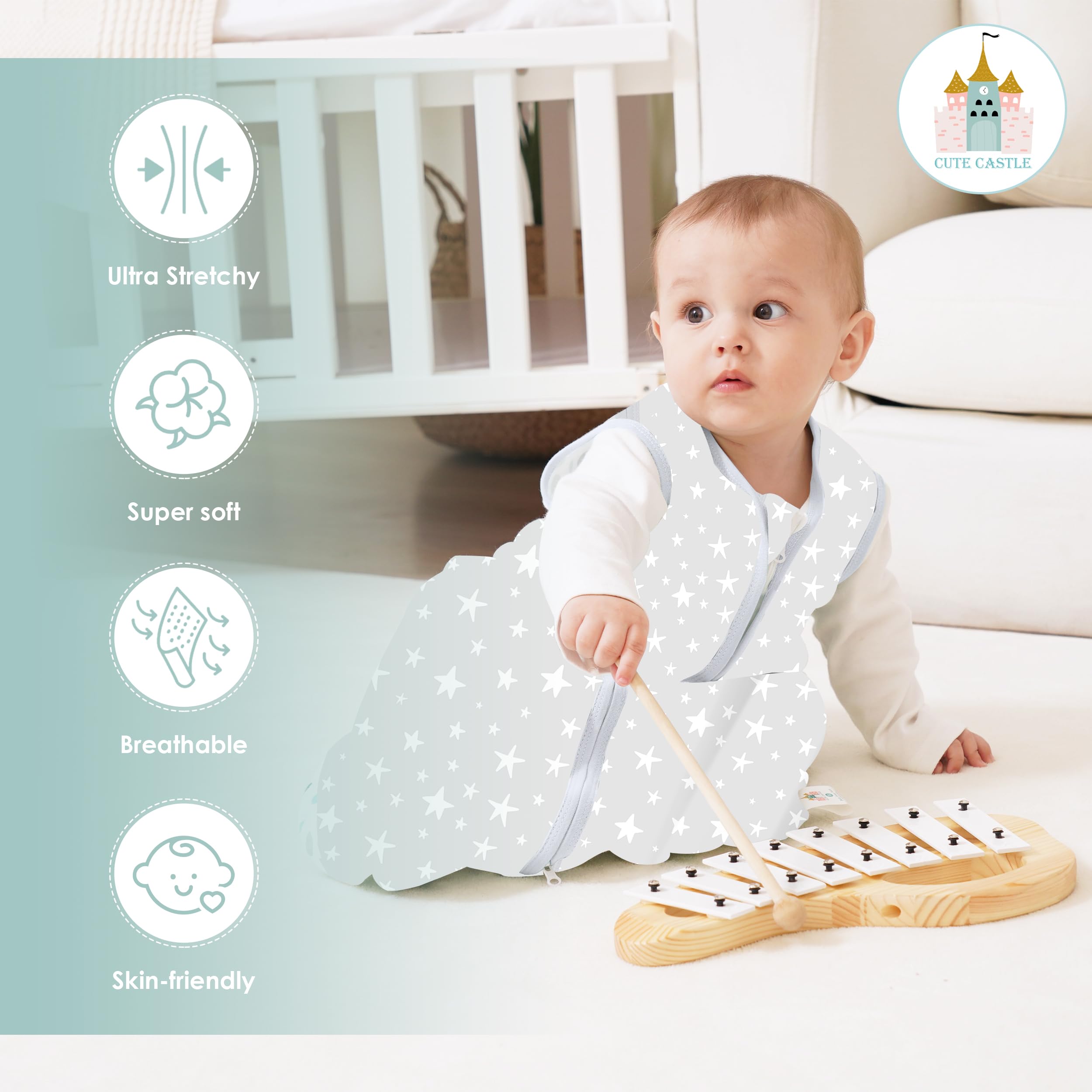 Cute Castle sleep sack with letters pattern in gray, playful and comfortable.
