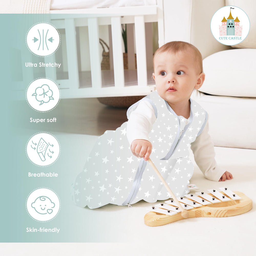 Cute Castle sleep sack with letters pattern in gray, playful and comfortable.