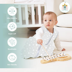 Cute Castle sleep sack with letters pattern in gray, playful and comfortable.