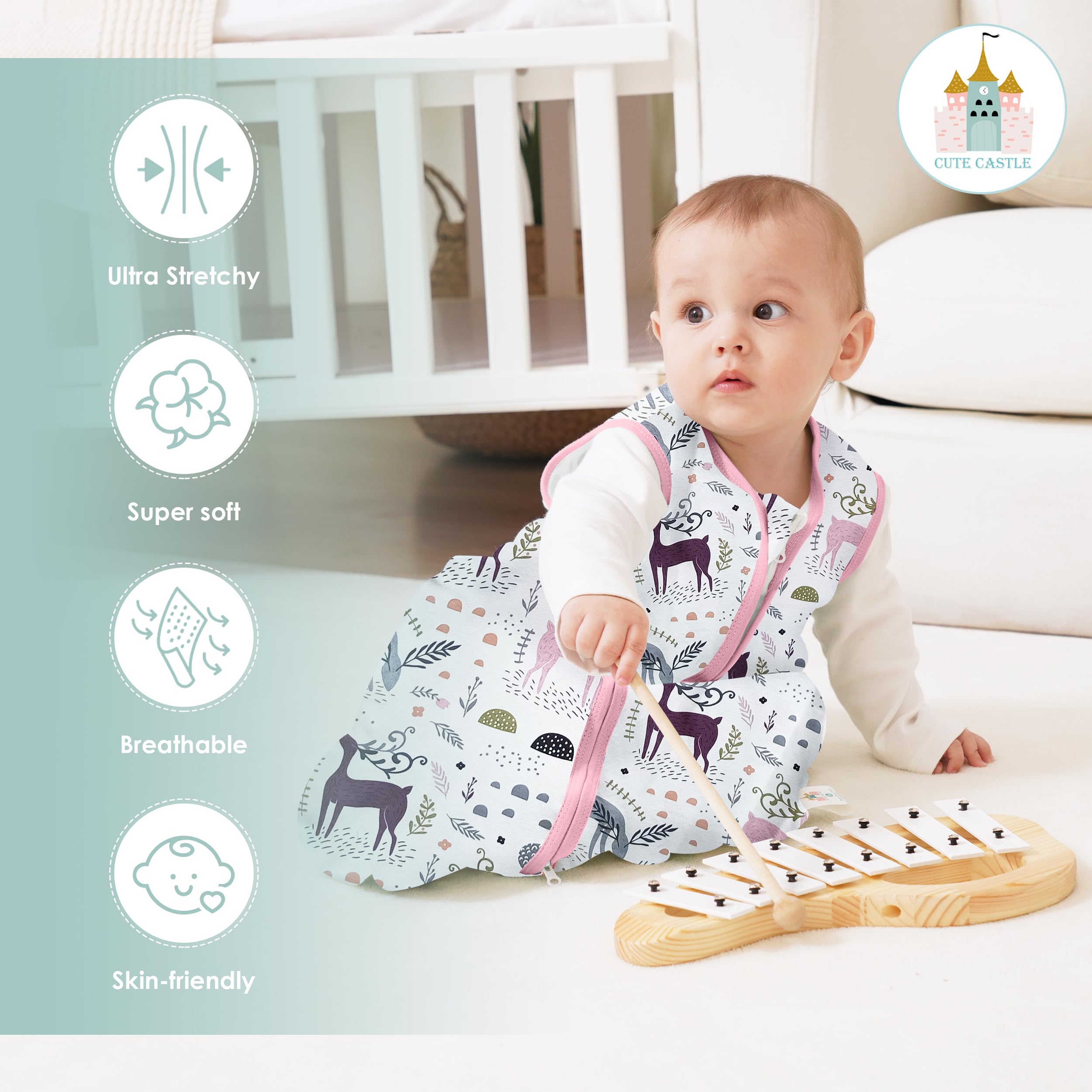 Cute Castle sleep sack close-up of soft cotton fabric emphasizes breathability
