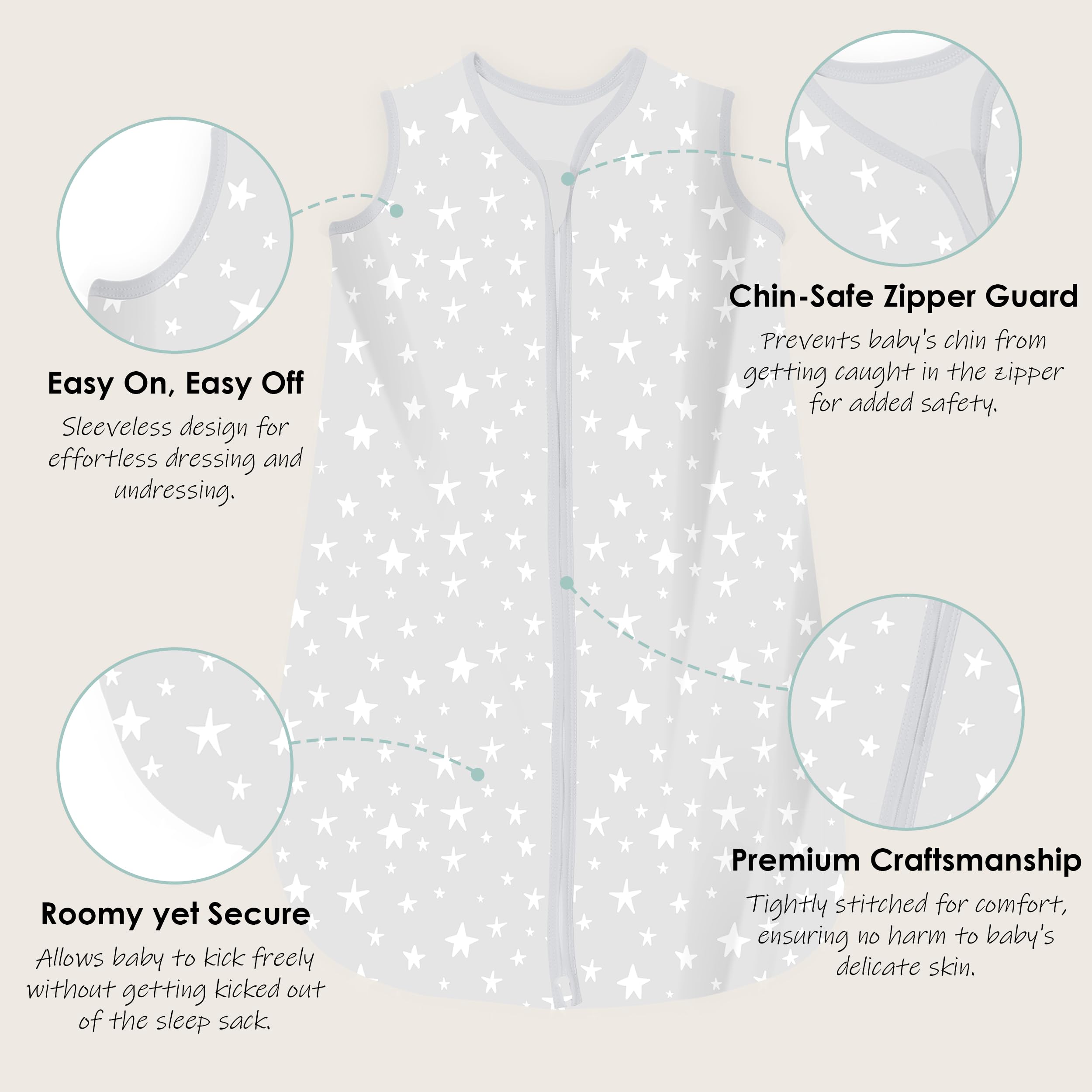Cute Castle sleep sack with stars pattern in gray, neutral and cozy.