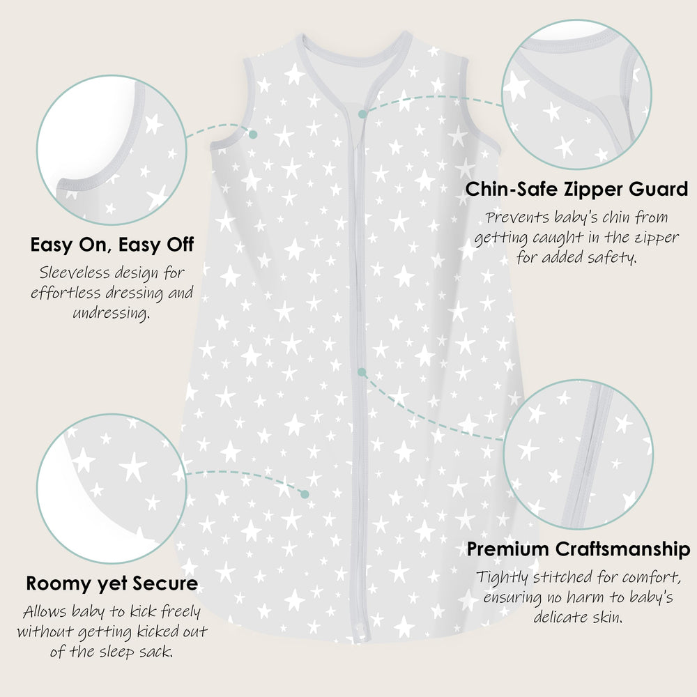 Cute Castle sleep sack with stars pattern in gray, neutral and cozy.
