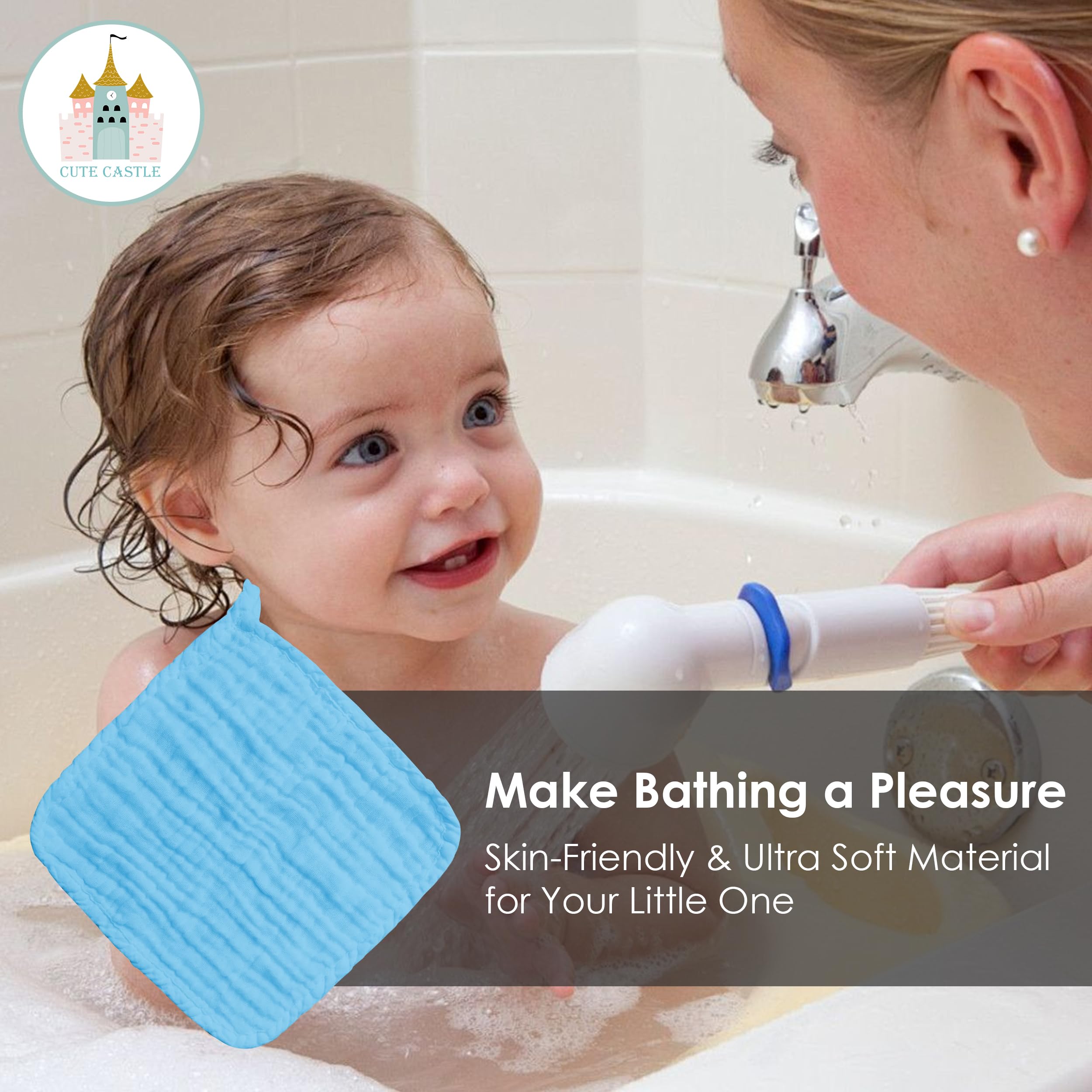 Cute Castle unisex aquamarine washcloths arranged for baby bath time.