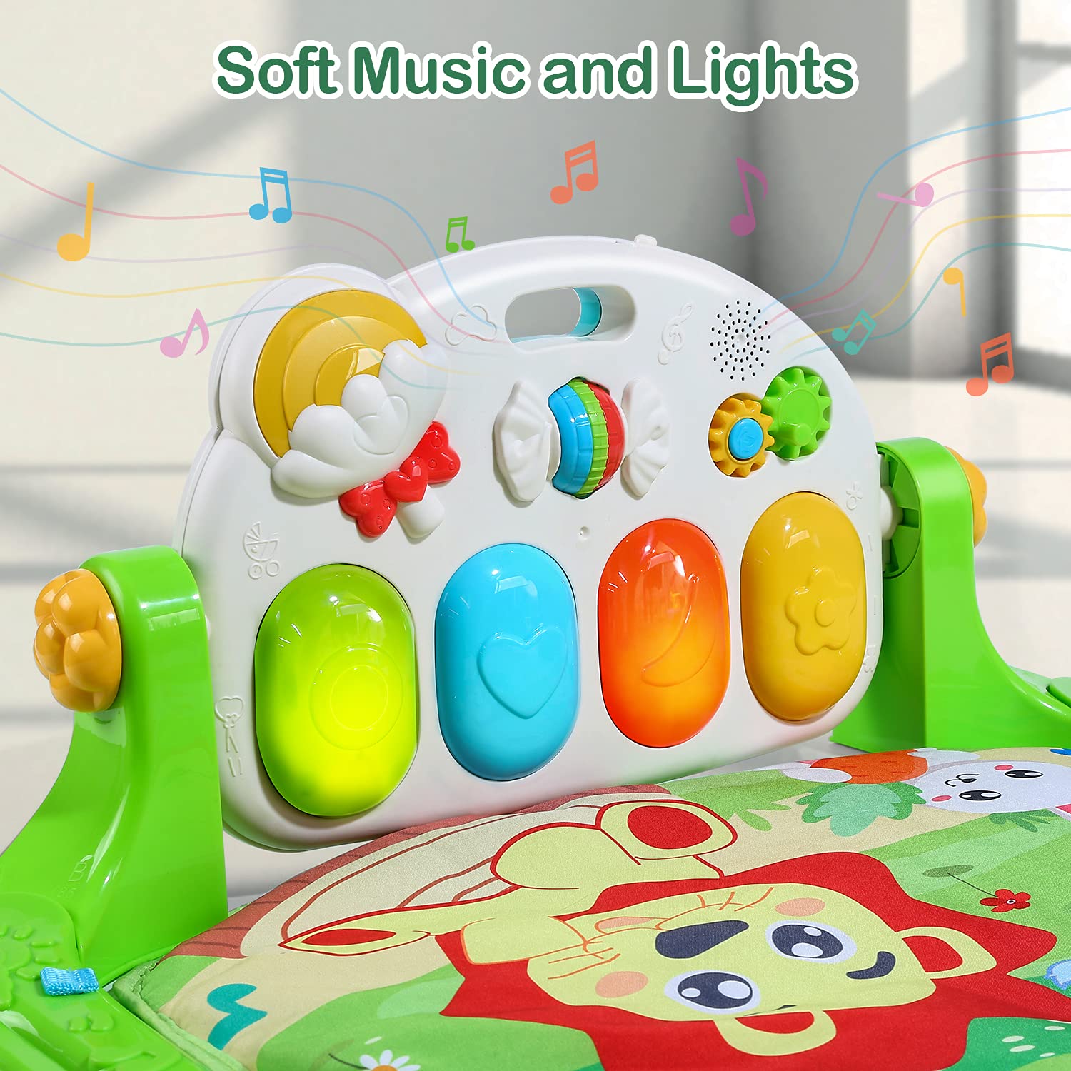 Detachable rattles on Cute Stone Baby Gym encourage tactile gripping