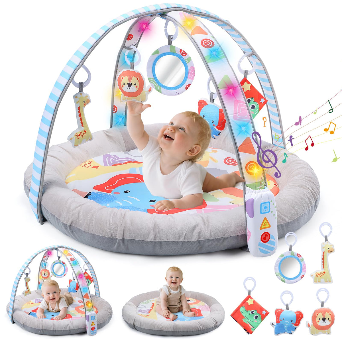 Cute Stone baby play gym with lights to spark visual curiosity and calm playtime