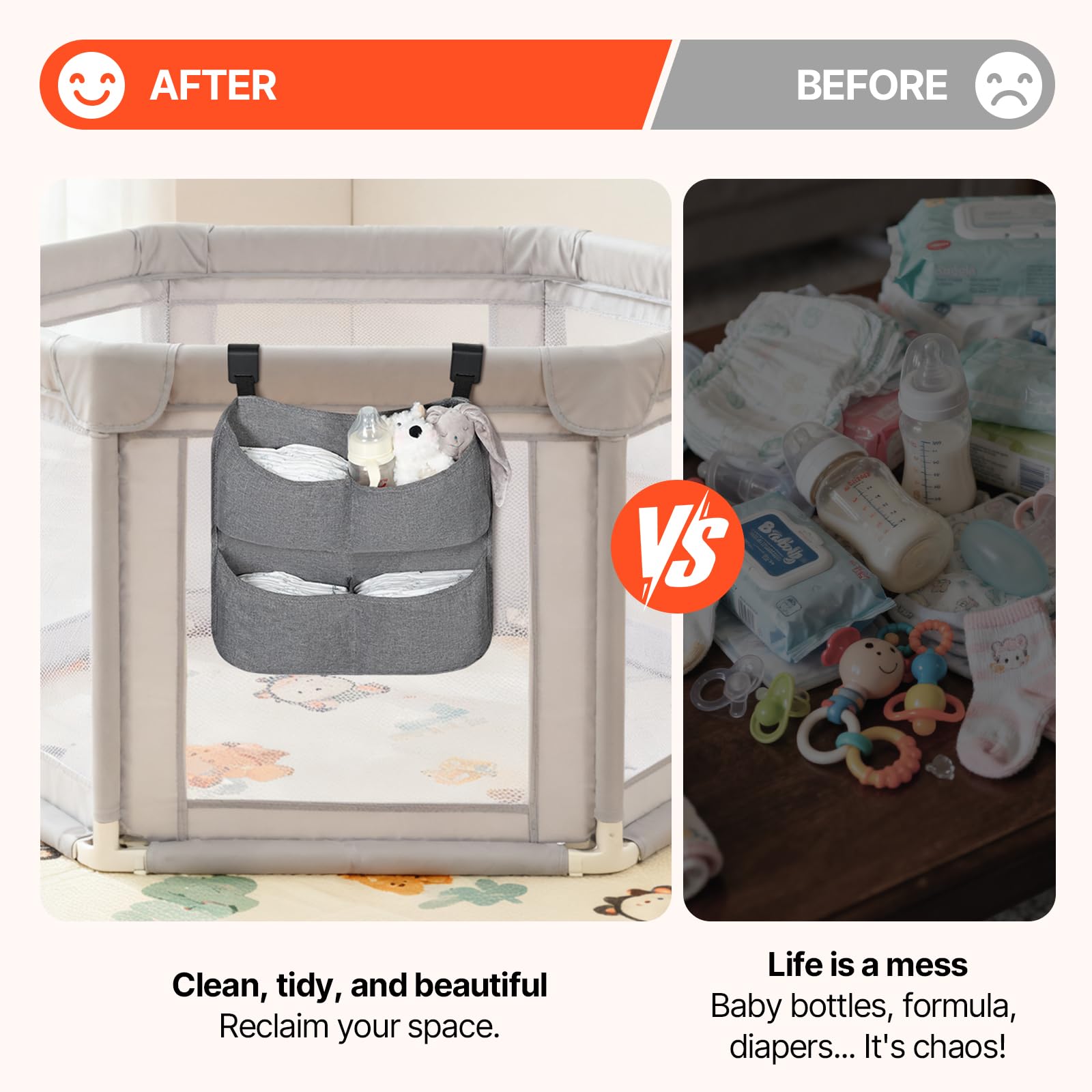 Cutebeams diaper caddy attached to a bassinet for midnight feeding essentials.