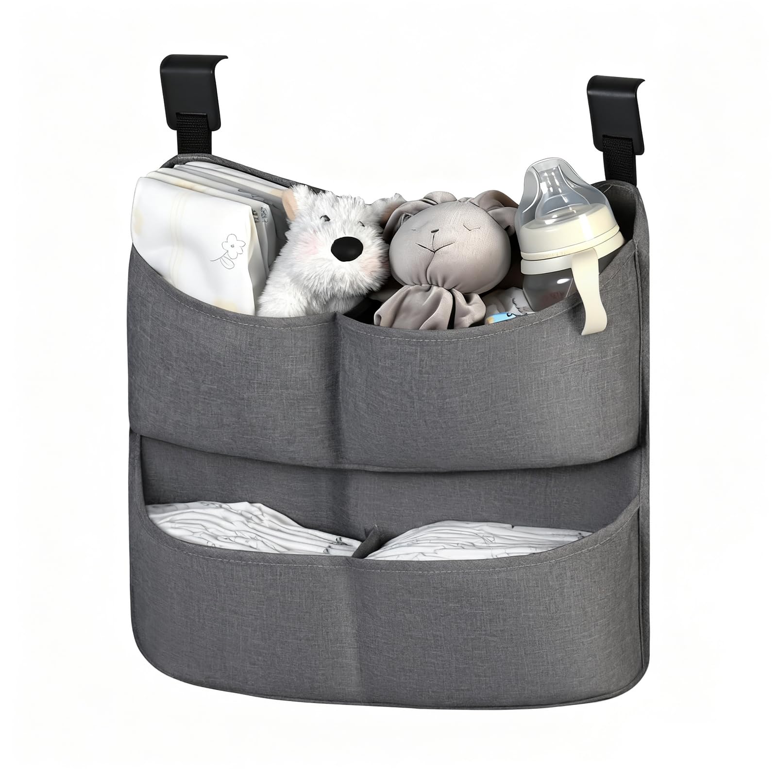 Cutebeams Hanging Diaper Caddy on a crib keeps wipes and diapers within easy reach.
