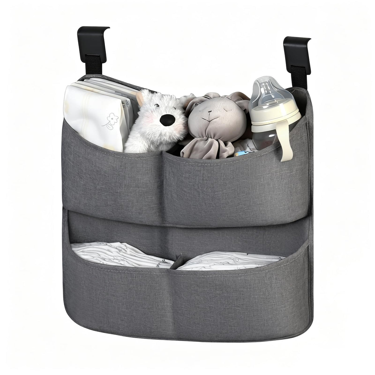 Cutebeams Hanging Diaper Caddy on a crib keeps wipes and diapers within easy reach.