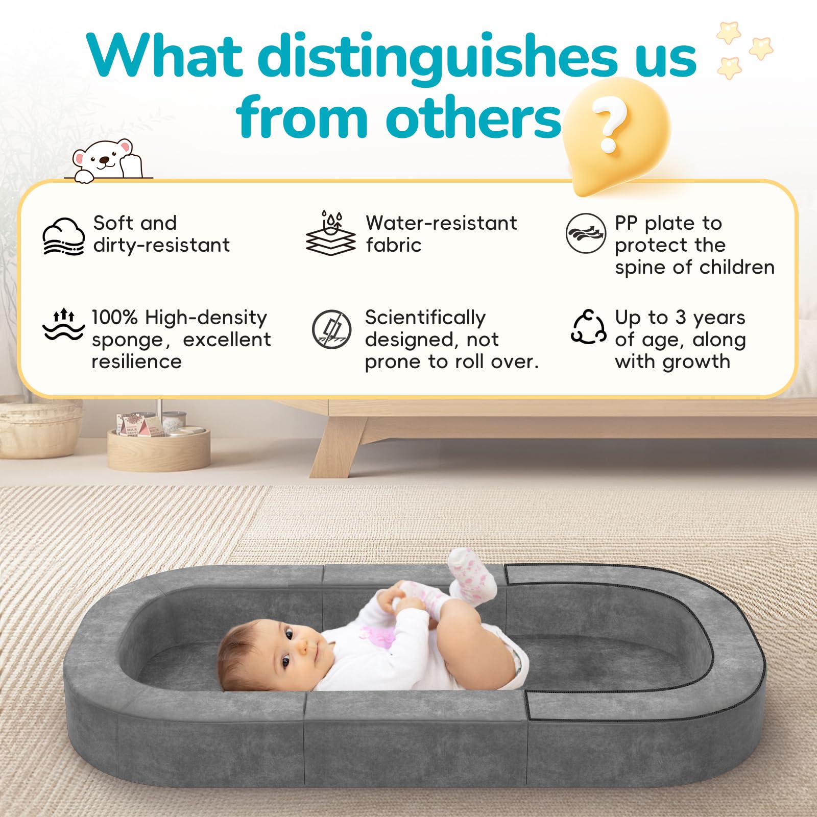 Raised sides enhance safety by helping keep baby in place.