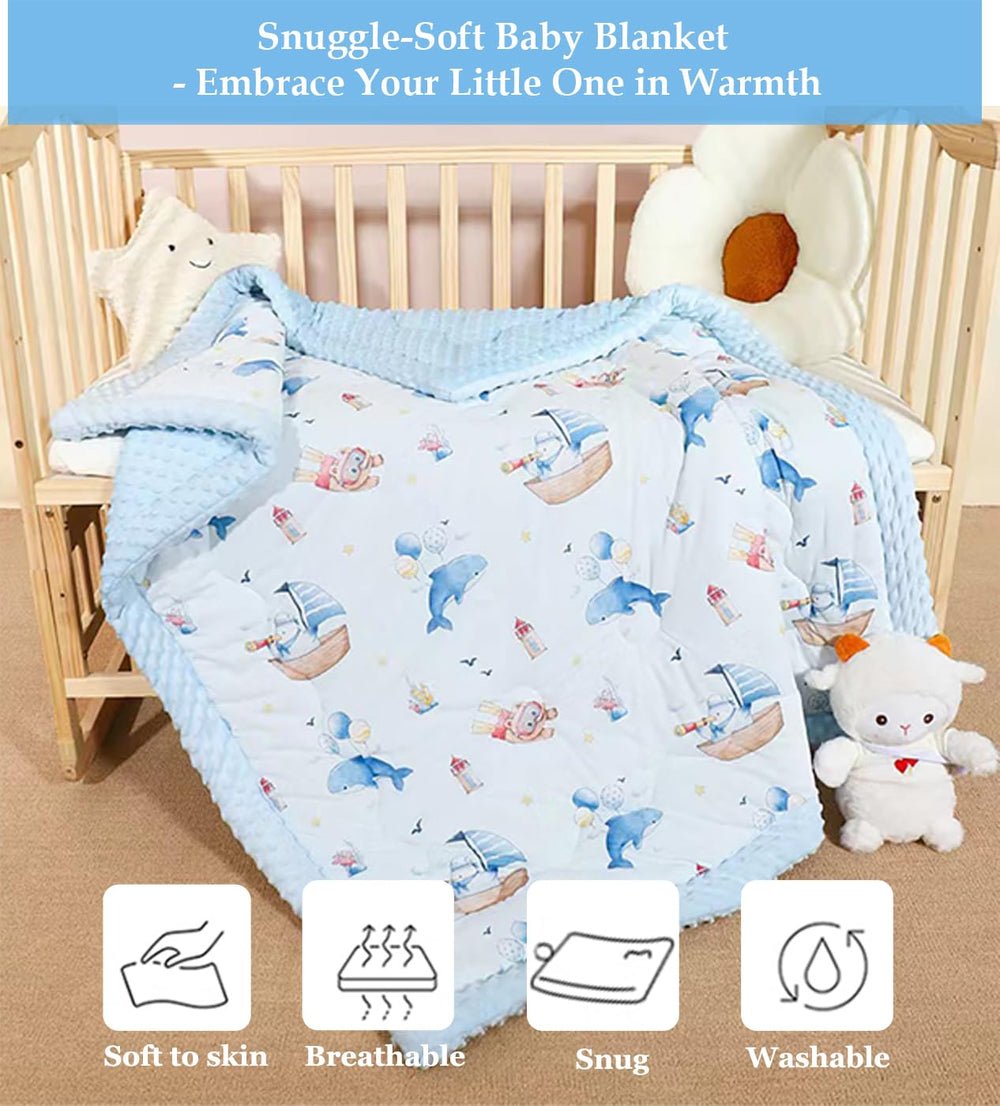 Cutie Pumpkin crib side view in blue highlights breathable, lightweight warmth.