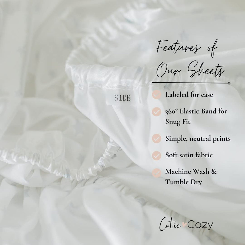 CutieCozy satin crib sheet pack with travel bag for on-the-go changes.