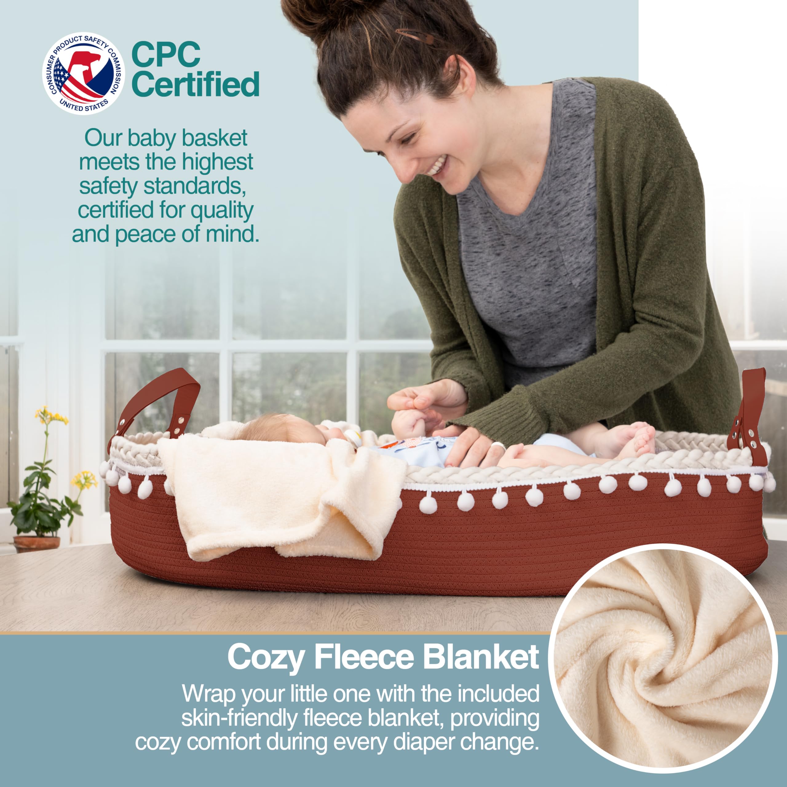 Cutiefy Baby Changing Basket showing safety belt and raised edges for secure changes.