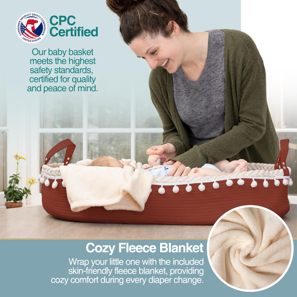 Cutiefy Baby Changing Basket showing safety belt and raised edges for secure changes.