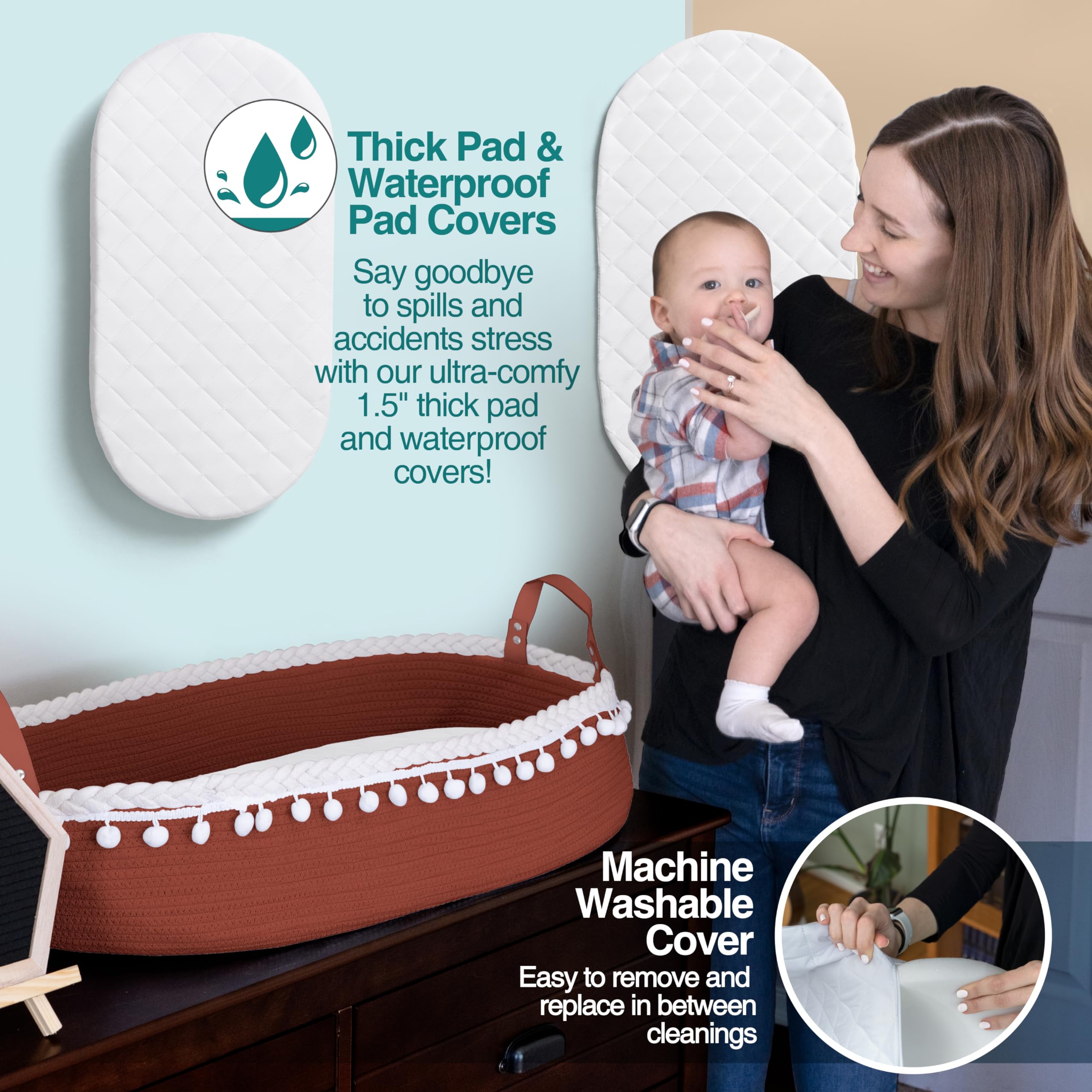 Cutiefy Baby Changing Basket with 1.5-inch waterproof pad for comfortable diaper changes.