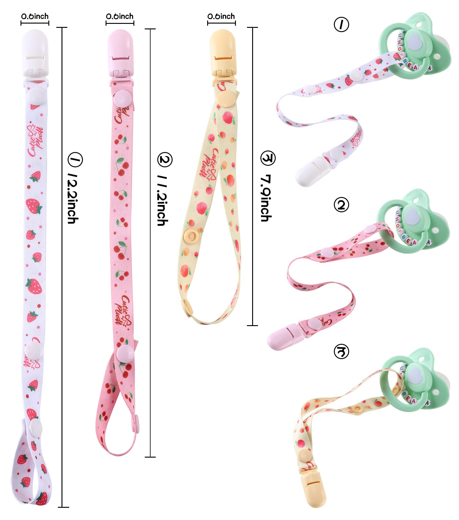 CutiePlusU adjustable-length pacifier clip offers three length options for flexible use.