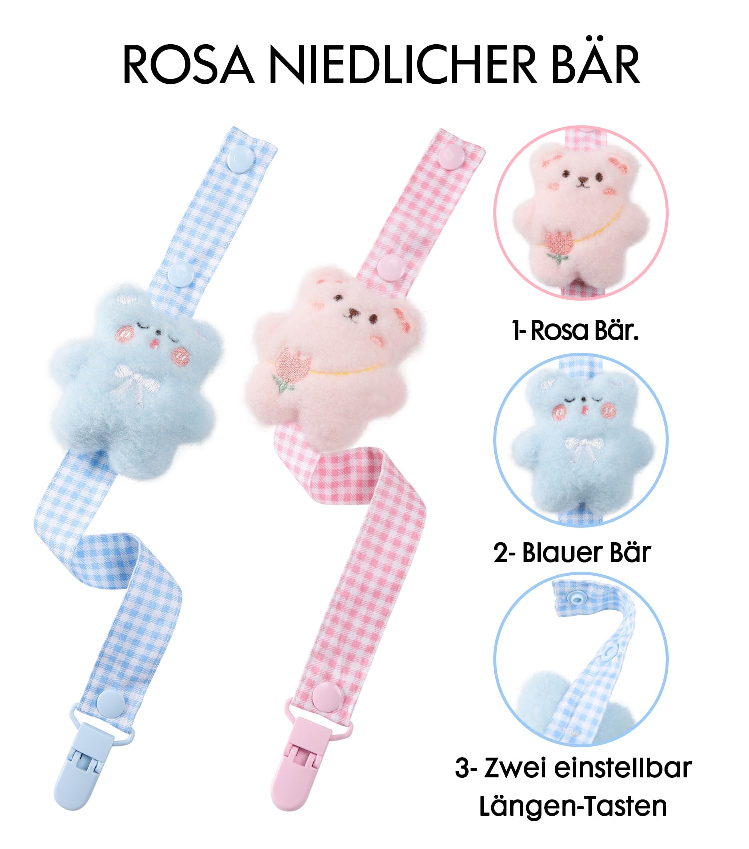 CutiePlusU adjustable-length pacifier clip showing two length options.