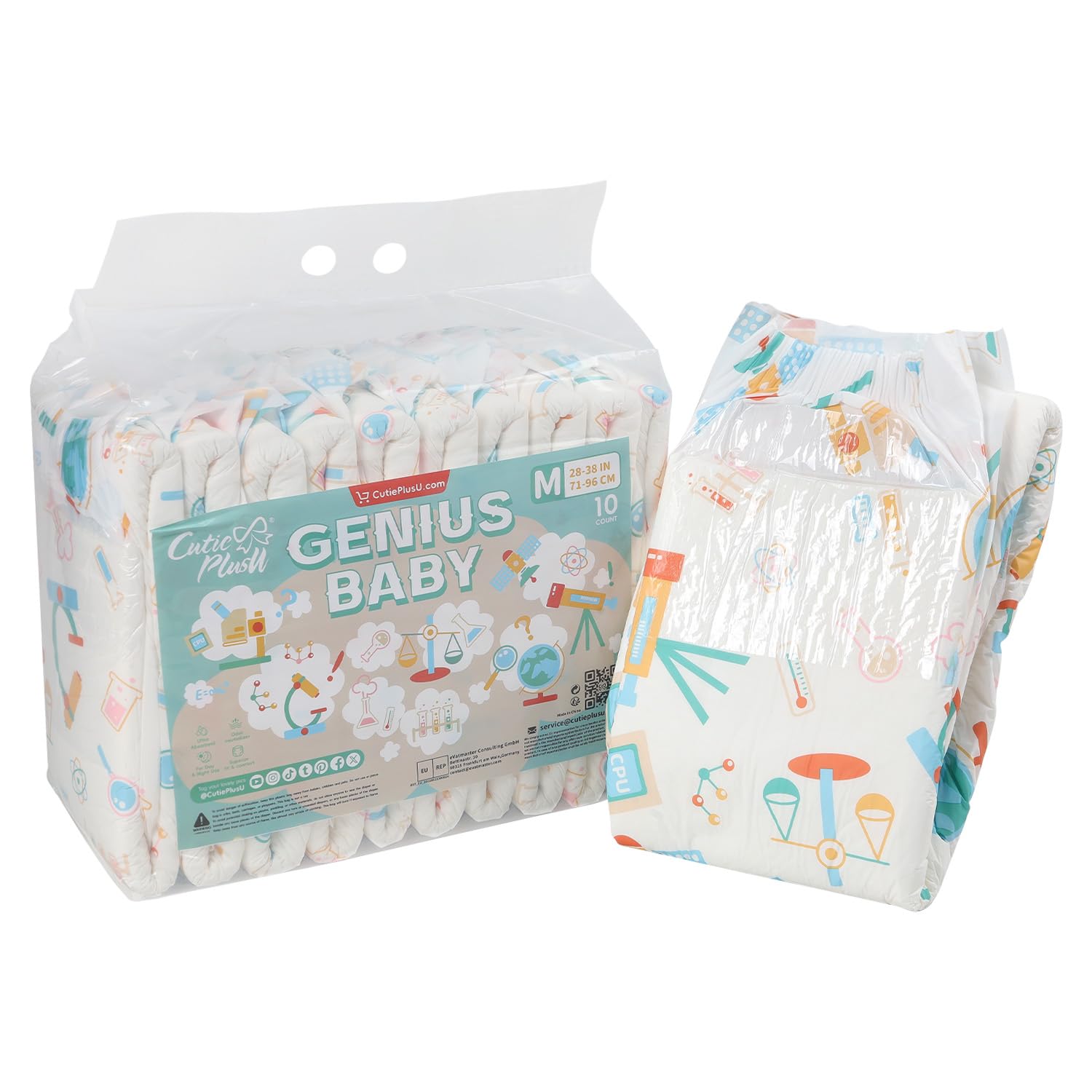 CutiePlusU Genius Baby diaper packaging shows a convenient 10-piece set