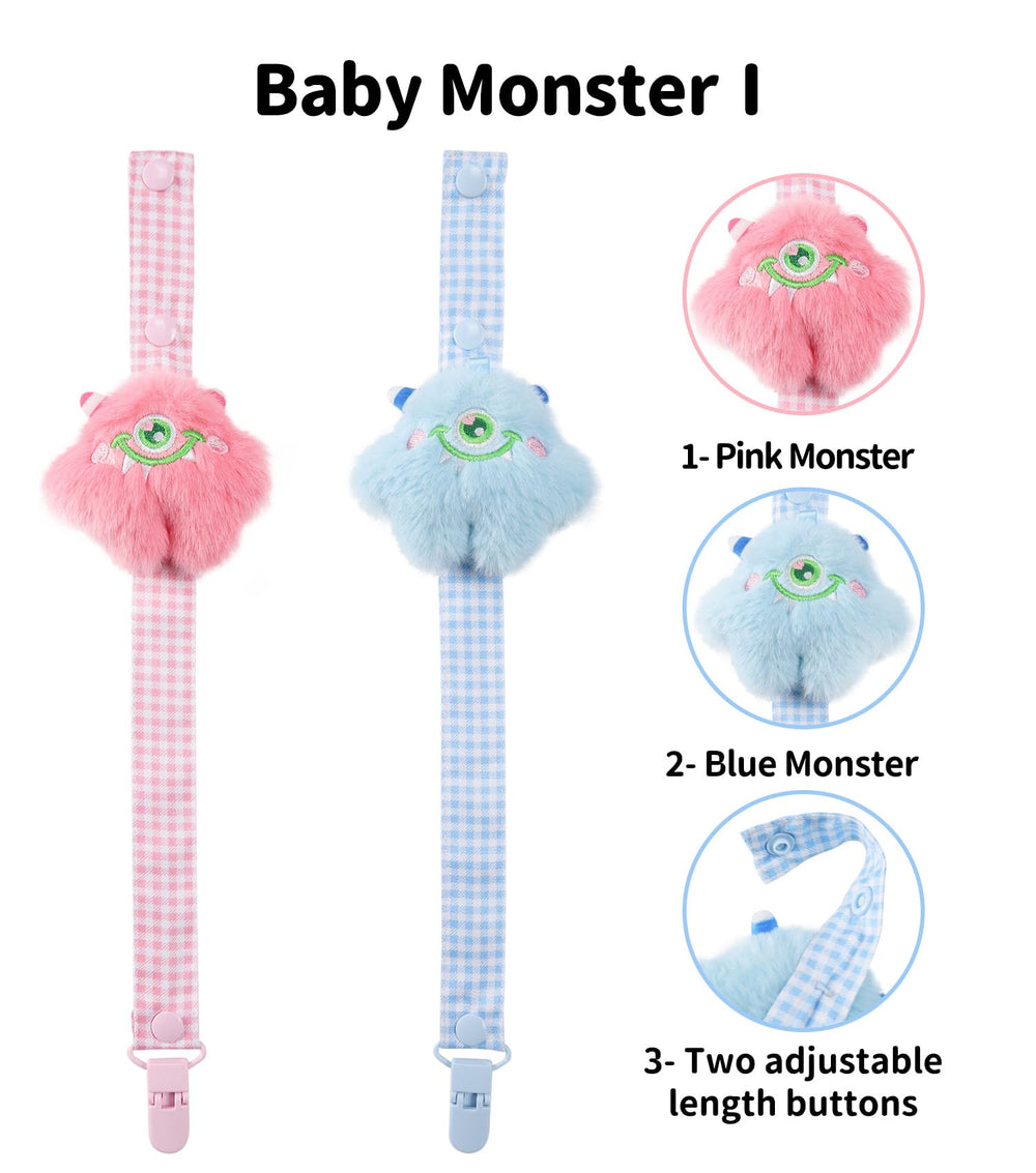 CutiePlusU Little Monster pacifier clip blue prevents loss during outings and car rides.