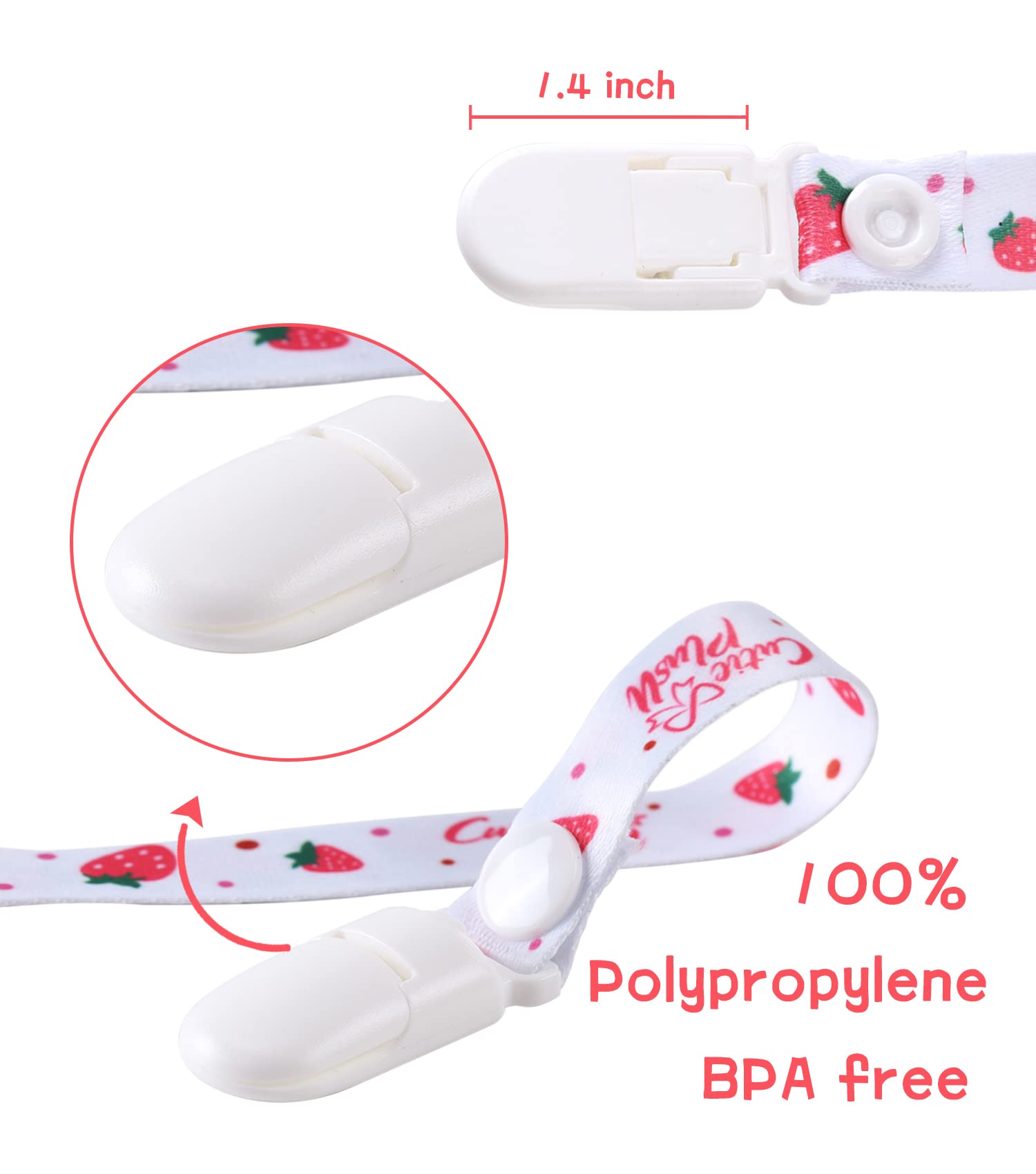 CutiePlusU peaches pacifier clip with fruit motif helps prevent lost pacifiers.