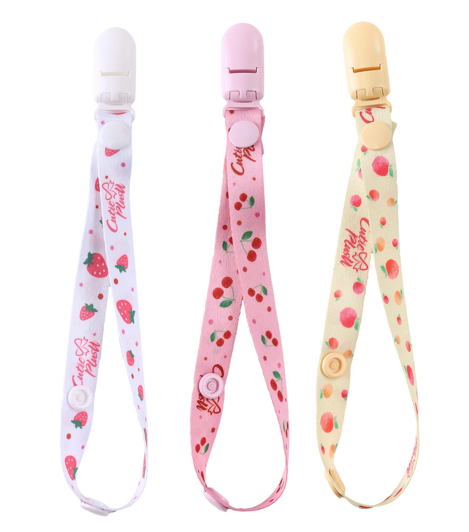 CutiePlusU strawberries pacifier clip with a playful design to keep pacifiers close.