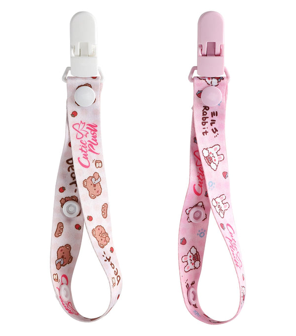 CutiePlusU strawberry pie theme pacifier clip close-up, secure clip keeps pacifier handy.