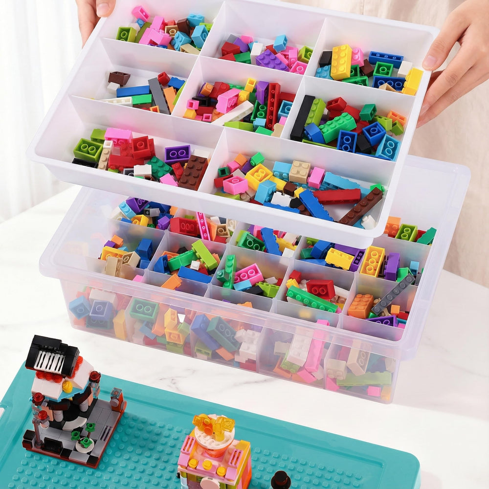 Stackable design saves shelf space while keeping bricks accessible.
