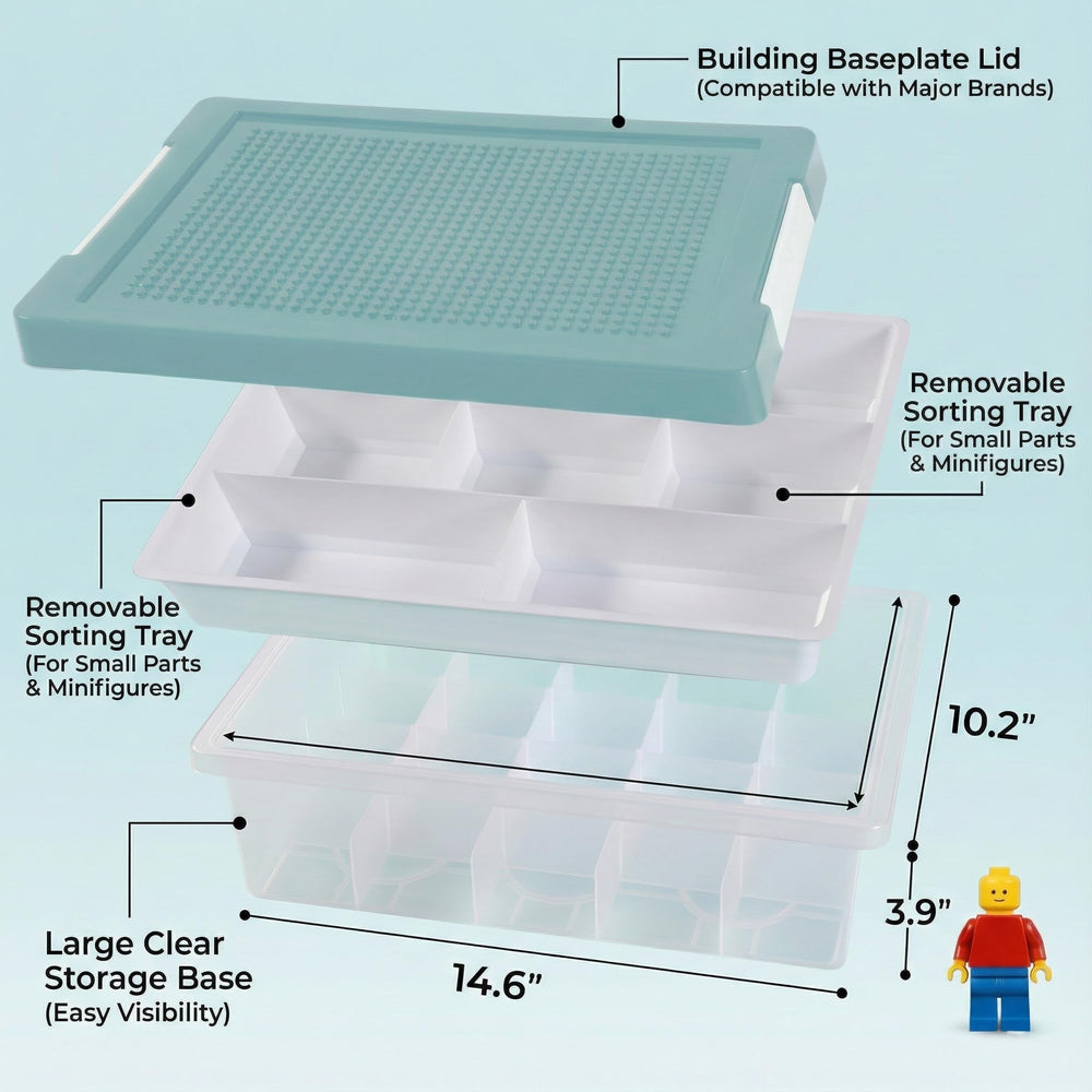 Three-layer removable trays with 30 compartments each help organize bricks.