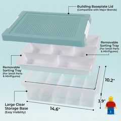 Three-layer removable trays with 30 compartments each help organize bricks.